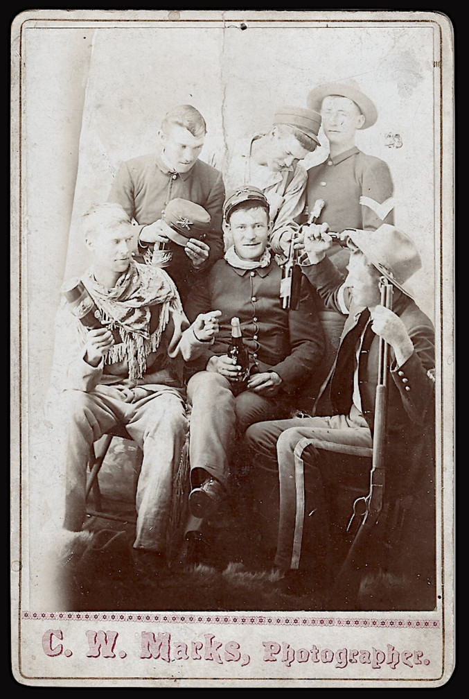 Sepia Cabinet Card Photo of Uniformed Men w/ Rifles, C. W. Marks, Original, Fun