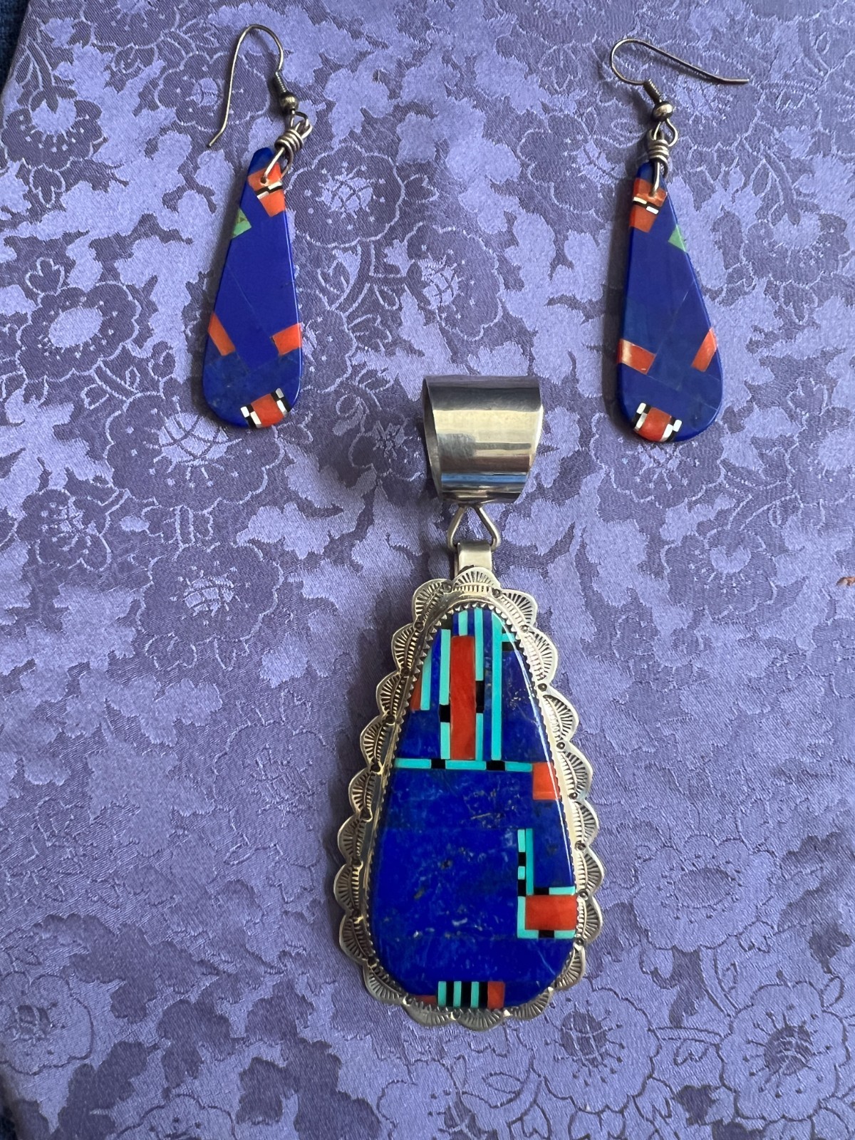 Native American Danial Coriz Inlaid Pendant & Earrings Kewa Pueblo Lapis Lazuli