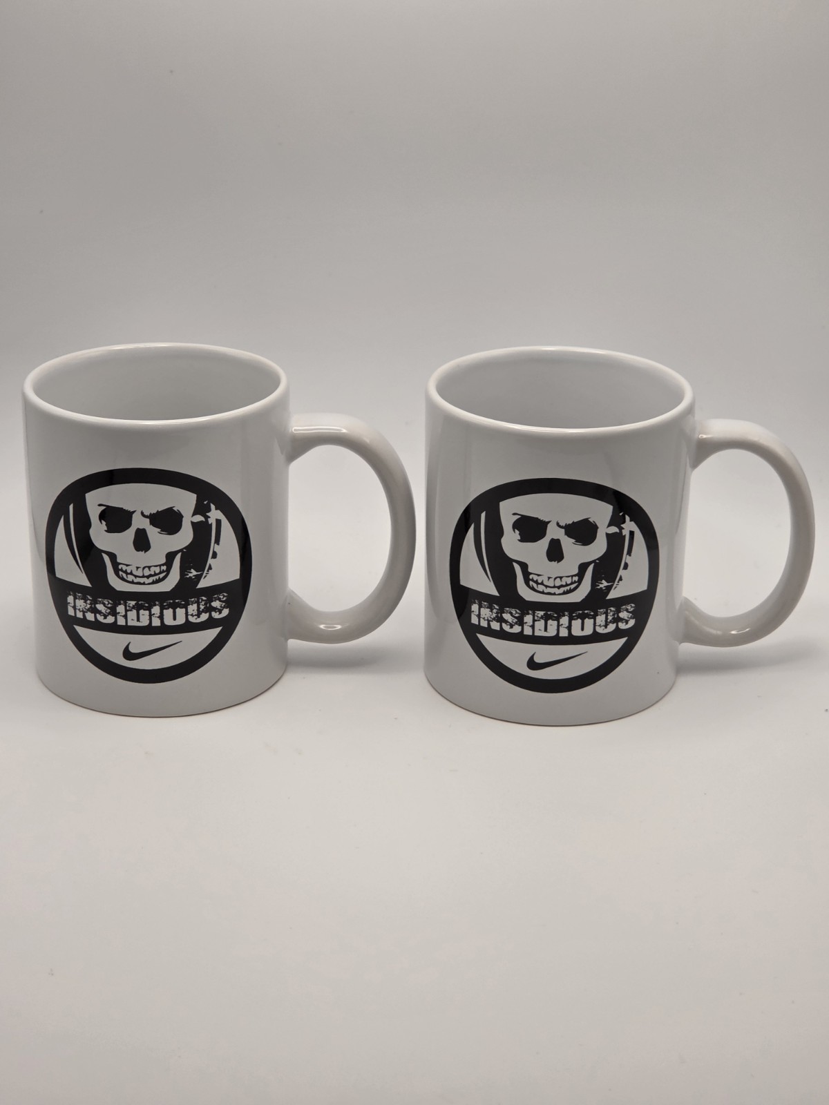 Rare Nike Insidious Skull Ceramic Coffee Mug Set of 2 White Goth Cyber Hacker...