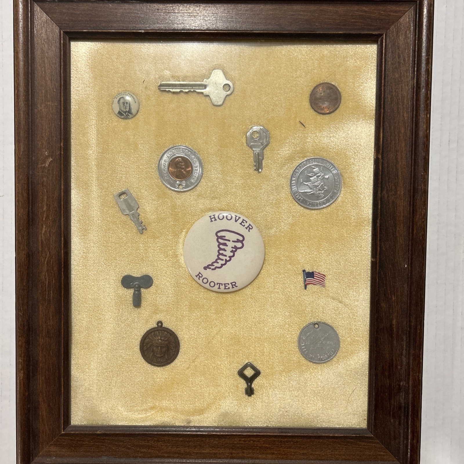 Vintage Framed Herbert Hoover Campaign Buttons + Lucky Penny + Keys Collection