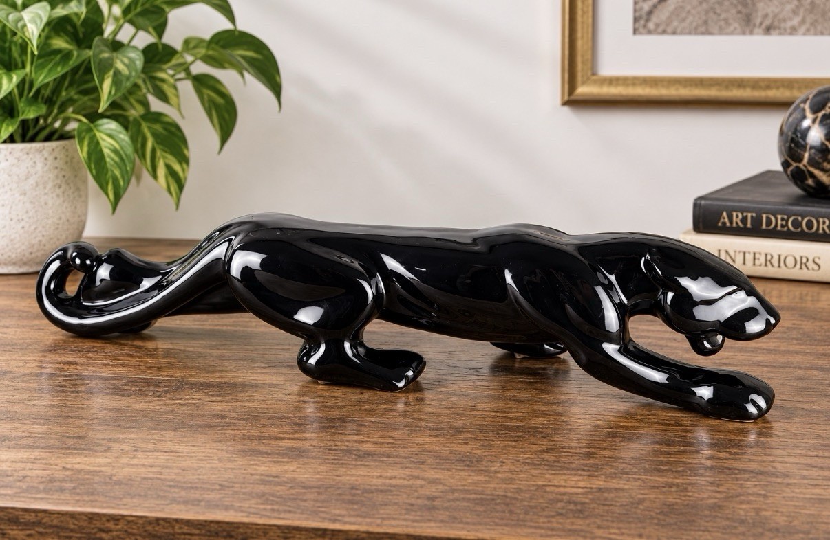 Vintage 1950s Ceramic Stalking Black Panther TV Top Figure Statue MCM 22” Long