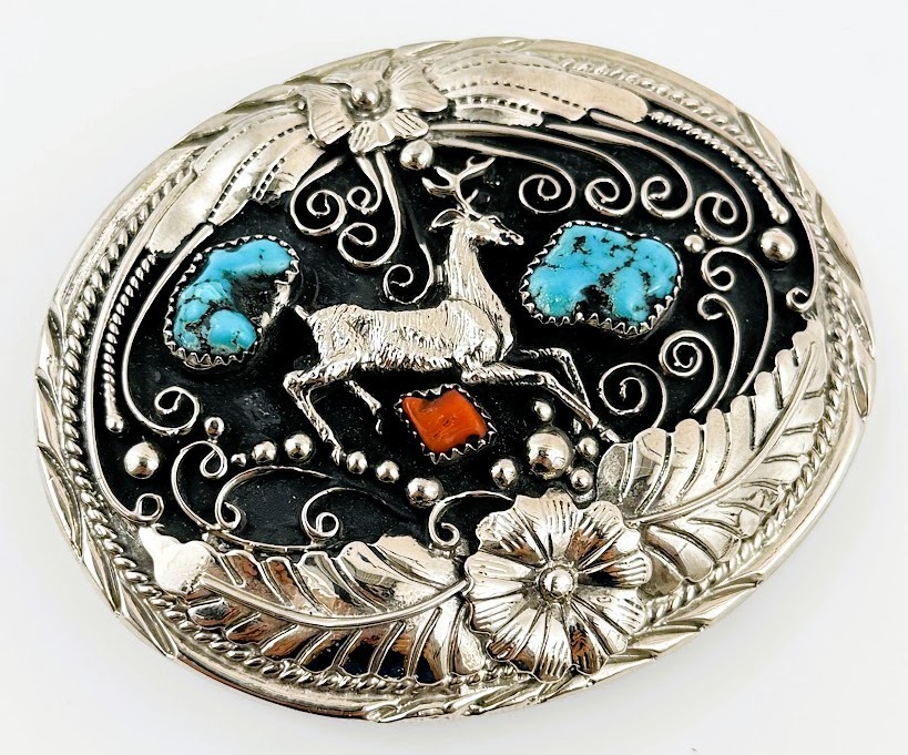 Vtg SSI Western Belt Buckle Silver Tone Floral Scroll Hunting Deer Southwest