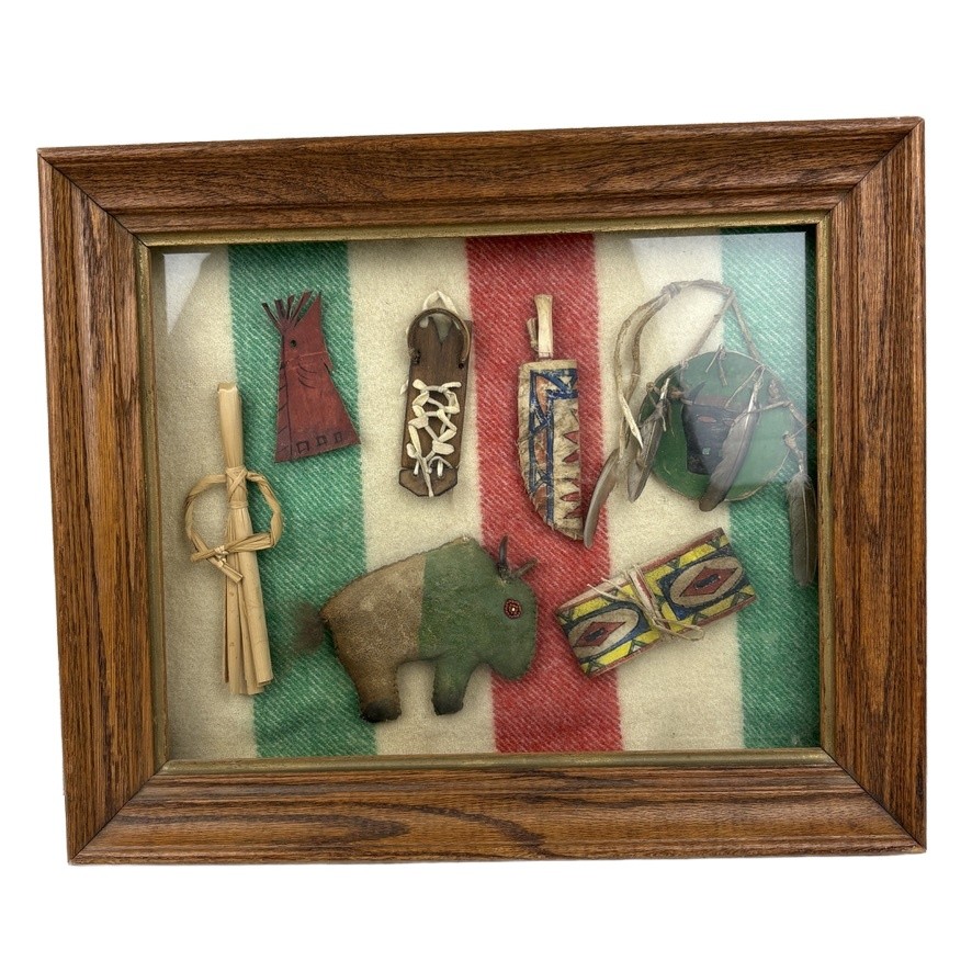 Unique Framed Native American Shadow Box Mini Children's Doll Items Parfleche