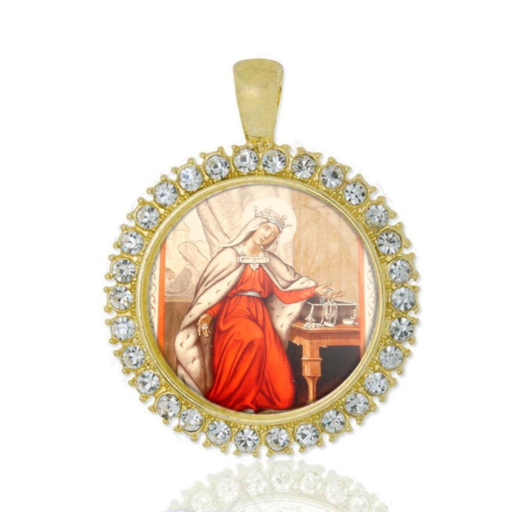 St Adelaide Christian Round Medal Gold Tone Pendant with Rhinestones