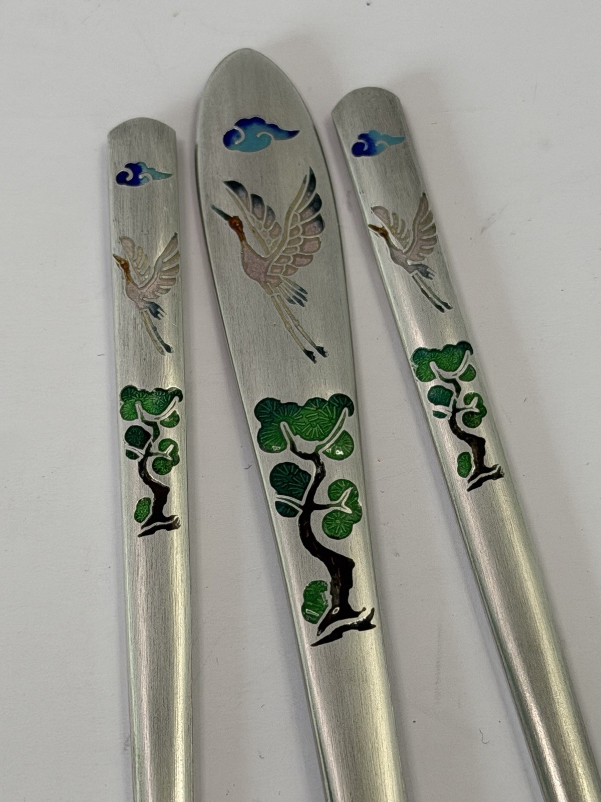 Korean Ag800 Silver Sujeo Spoon & Chopsticks Set Enamel Crane Bonsai Mint Box