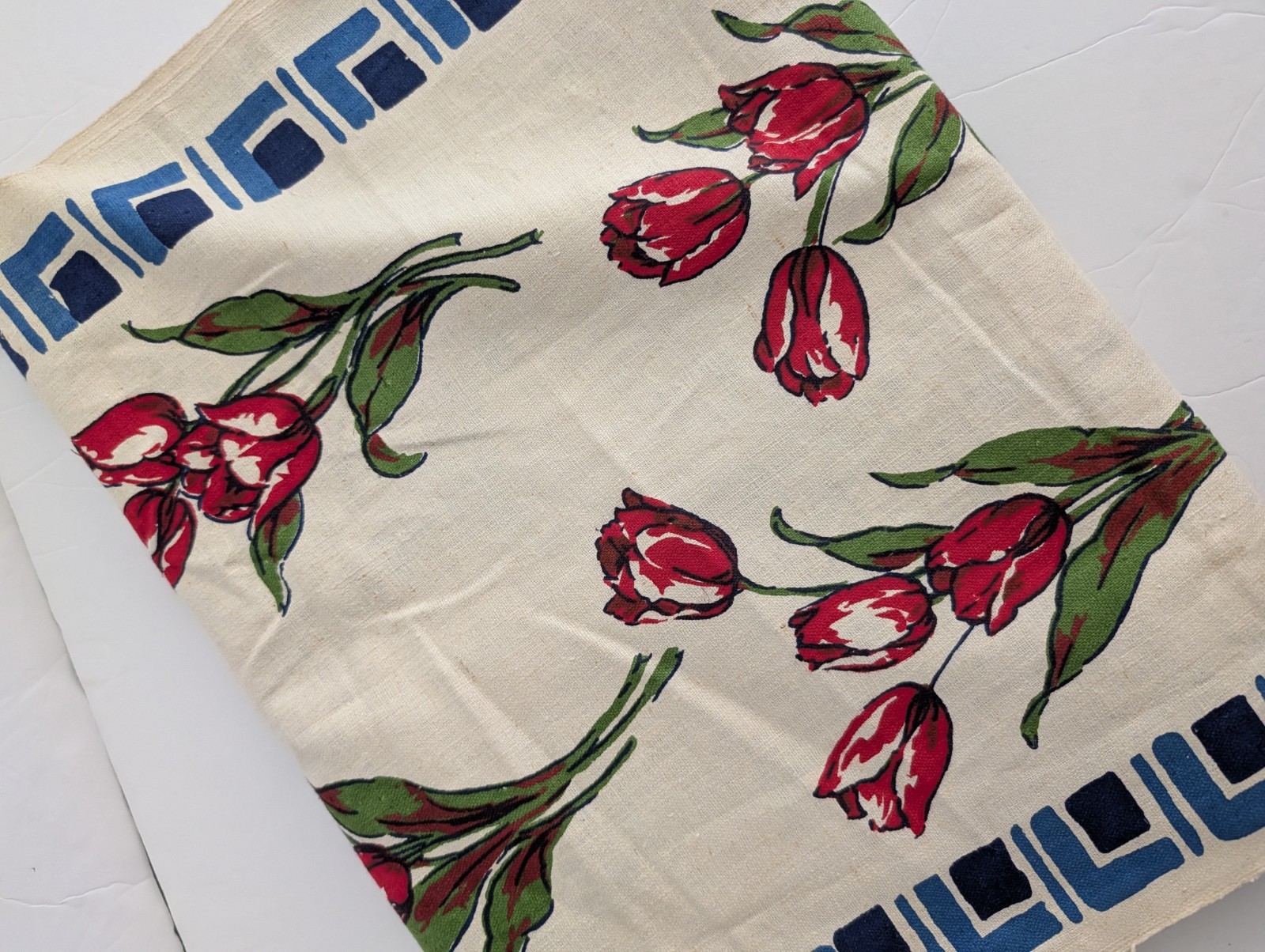 Vtg 40s 50s Hand Blocked Linen Fabric 16½