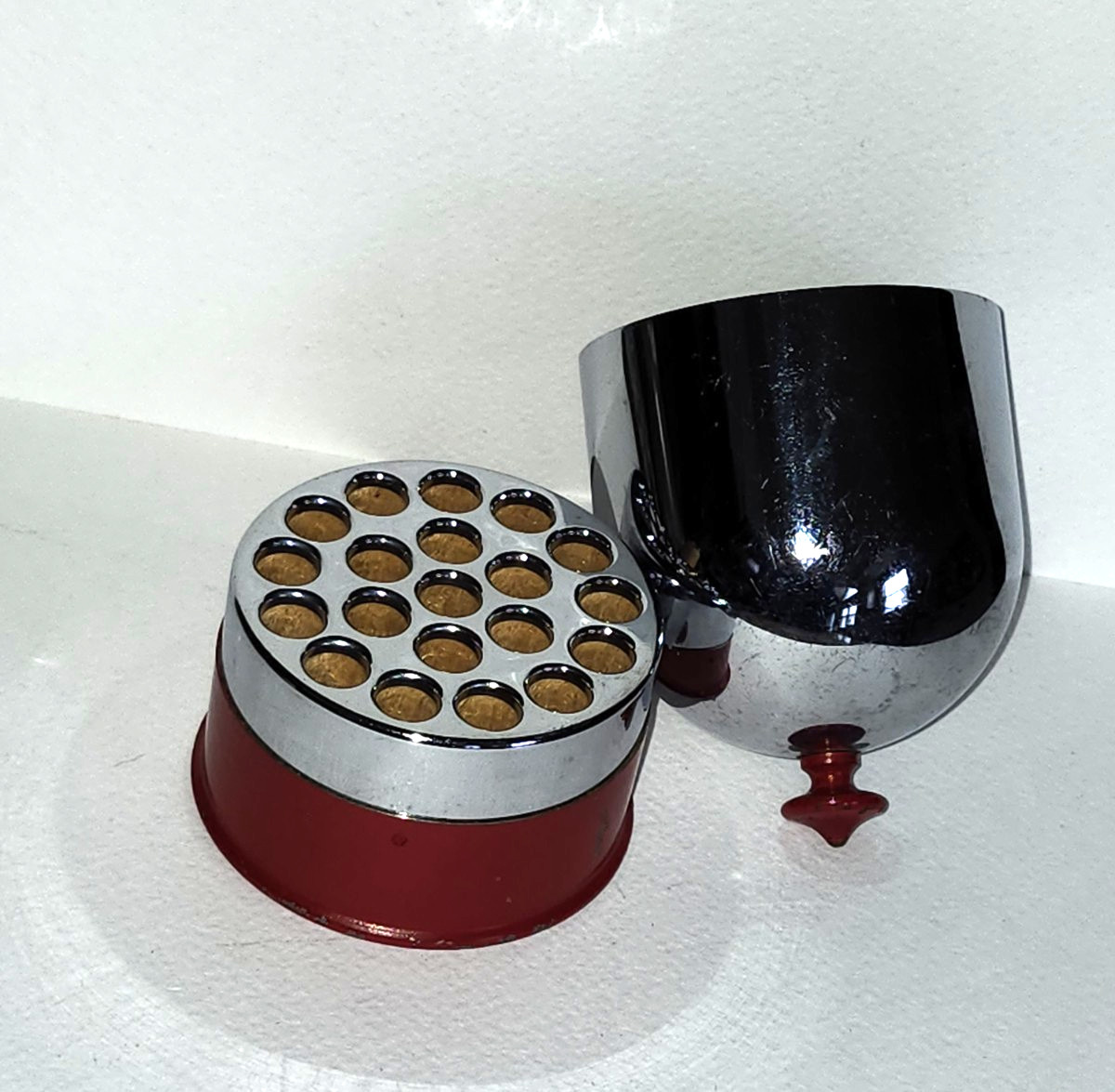 MidCentury Chrome Dome Cigarette Holder , red base,holds 20 cigarettes, VG cond.