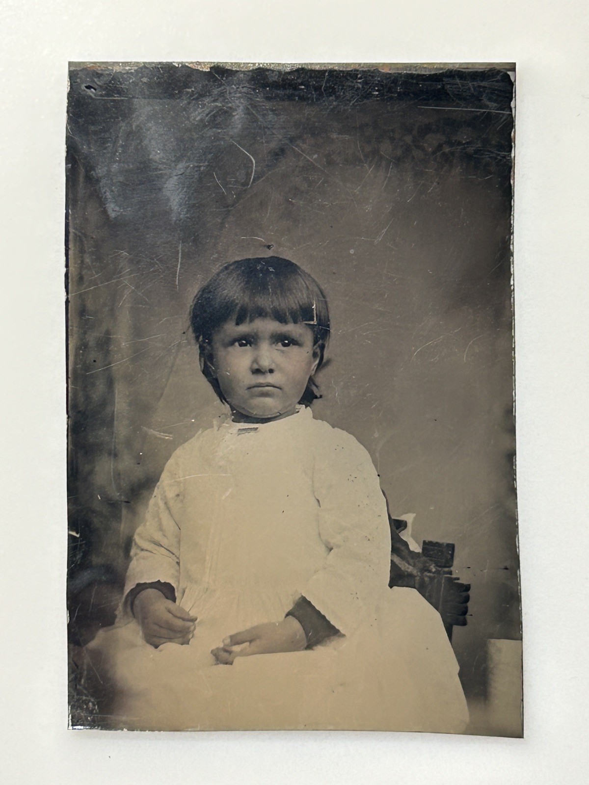 Antique 1800s Tintype Photo Young Child Girl White Dress Victorian Portrait