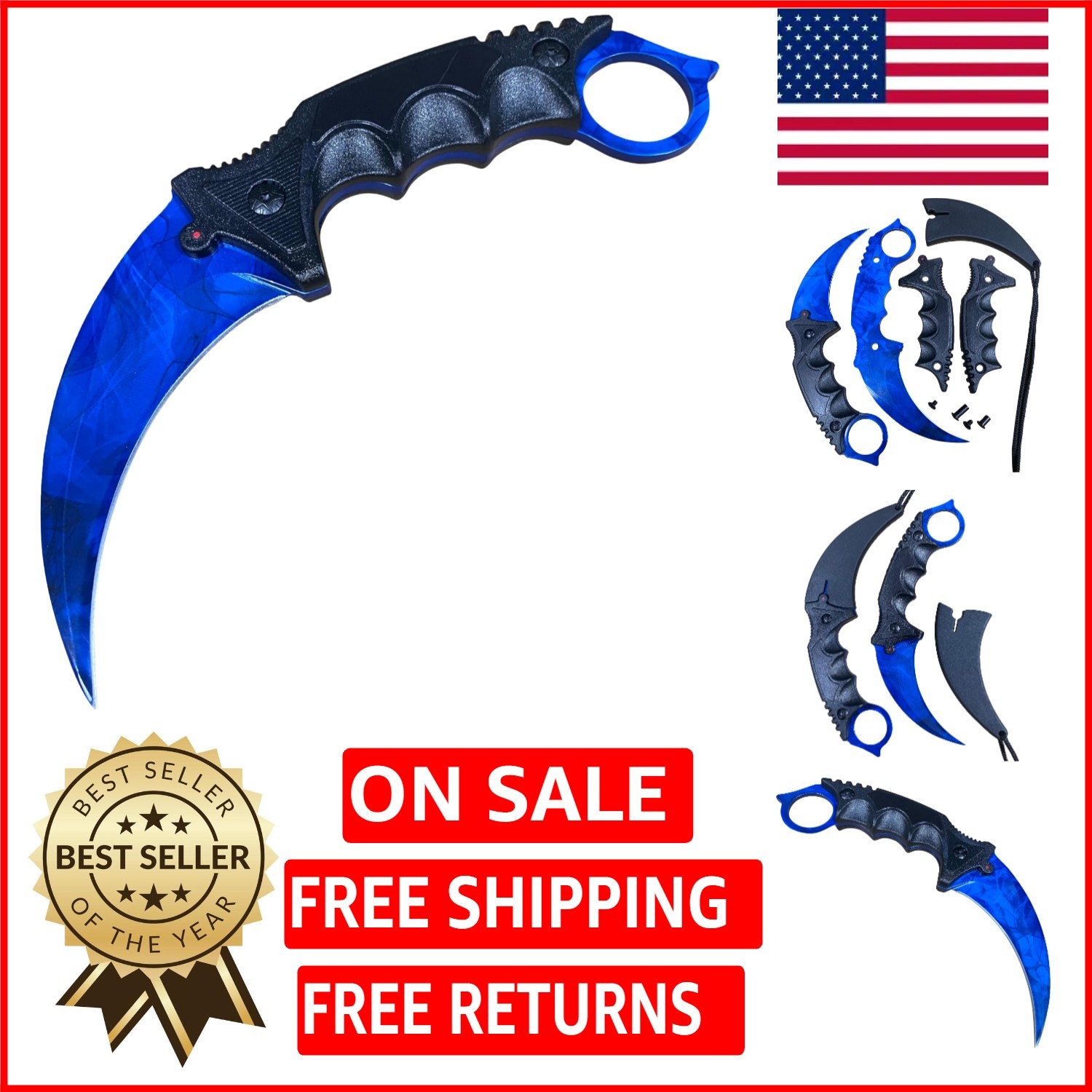 Doppler Sapphire CS2 Karambit - 55 HRC Blade, Ideal for Bushcrafting and Hunting
