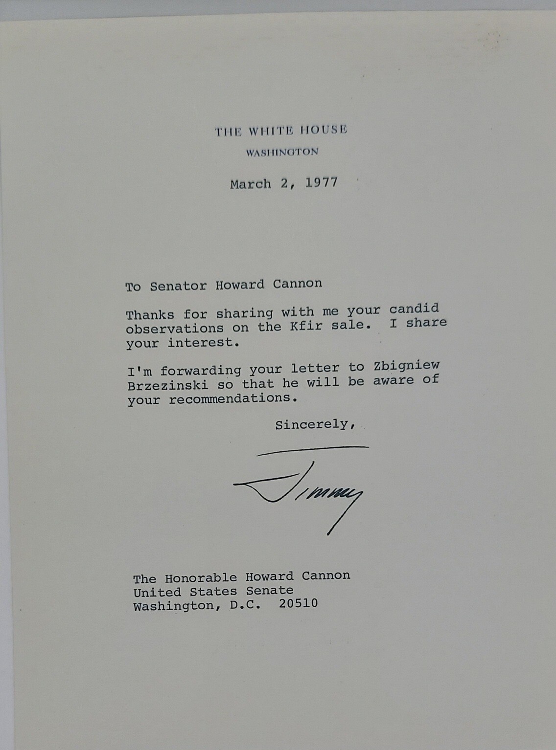 Jimmy Carter Signed White House Letter To Sen Howard Cannon Kfir Sale