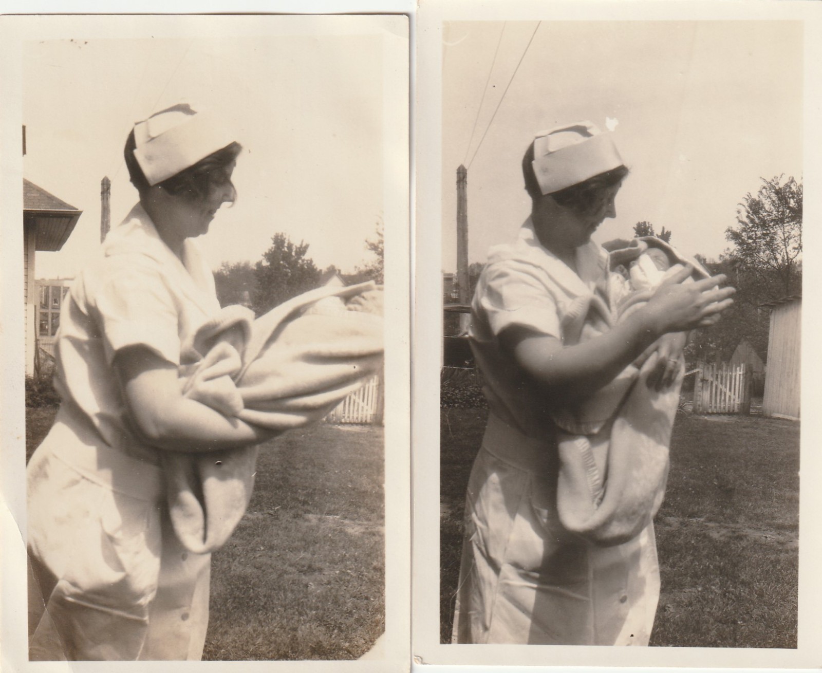(2) 1920s Vintage photos of a nurse and a newborn outdoors, found photos