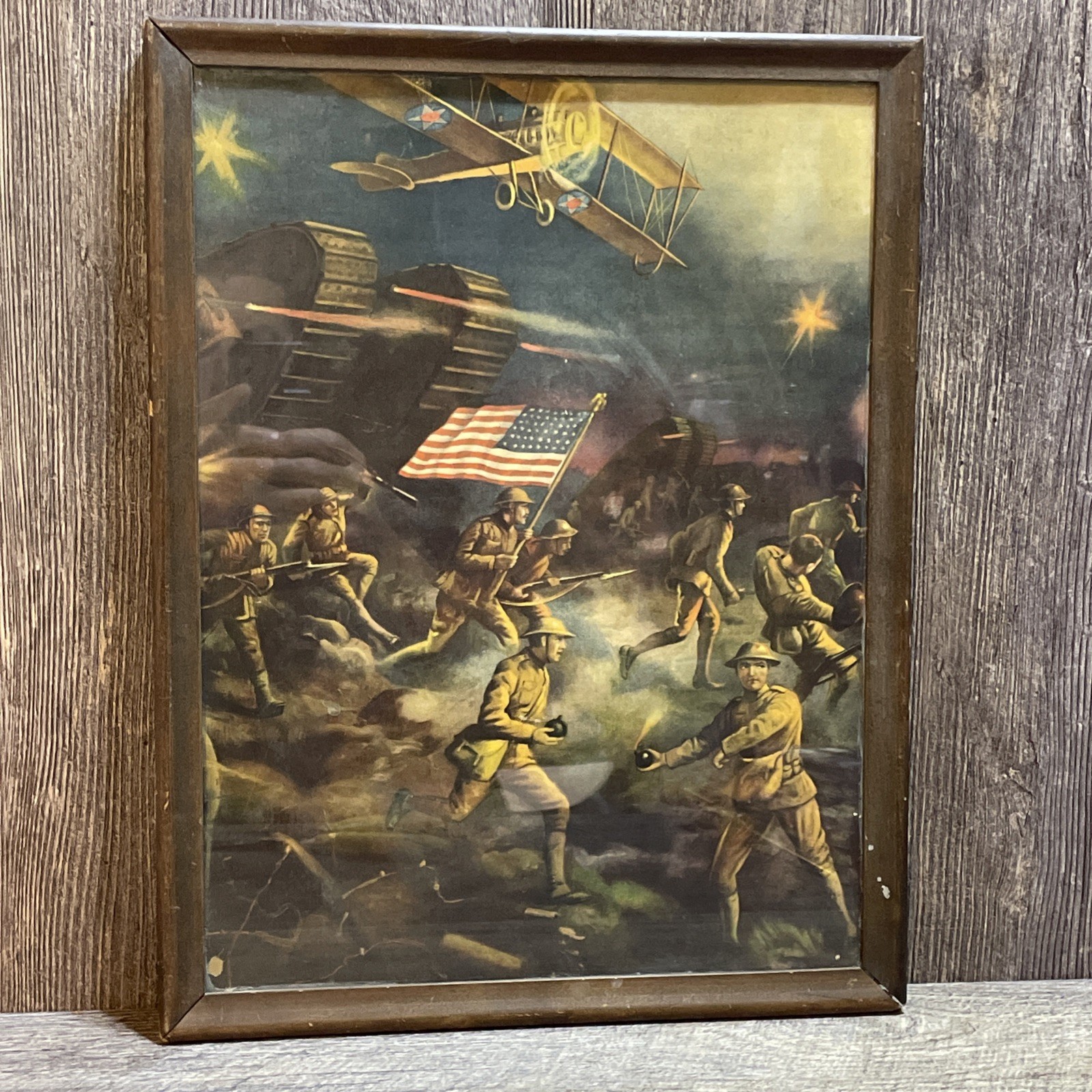 Antique World War 1 Framed Artwork OVER THE TOP U.S.A Renesch 17x13