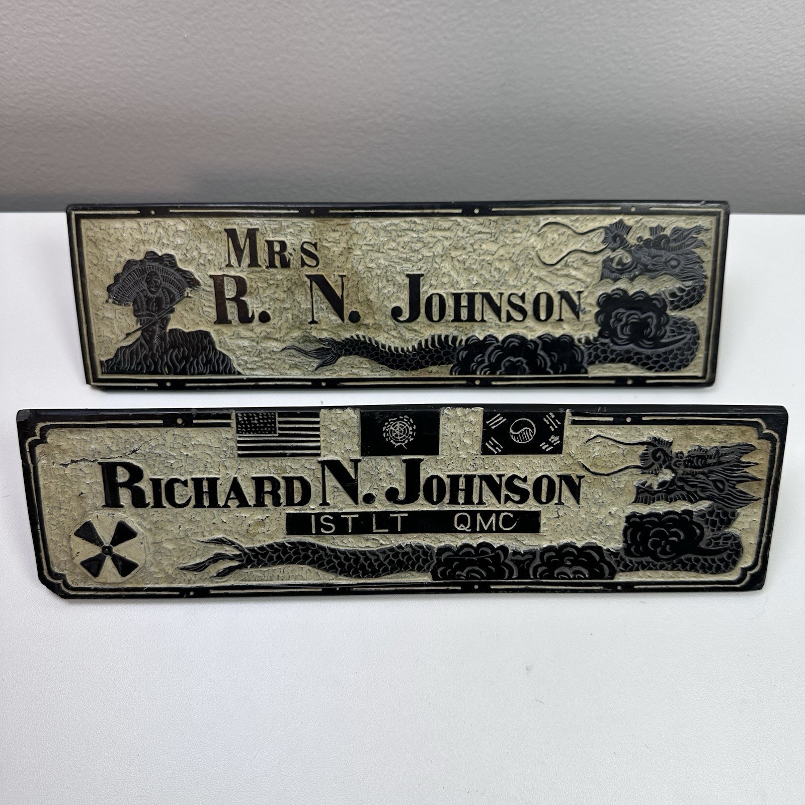 1952 - 1953 KOREAN WAR Desk Nameplates Richard Johnson 1st LT QMC & Wife