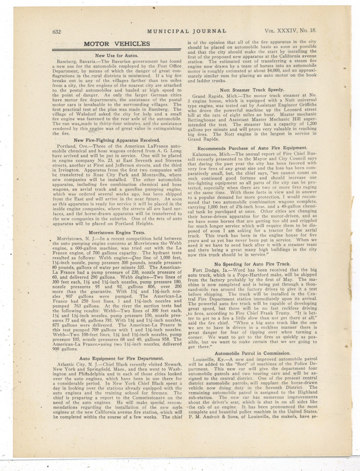 1913 Fire Apparatus News Stories on 1 Pg: Portland OR, Kalamazoo, Grand Rapids +