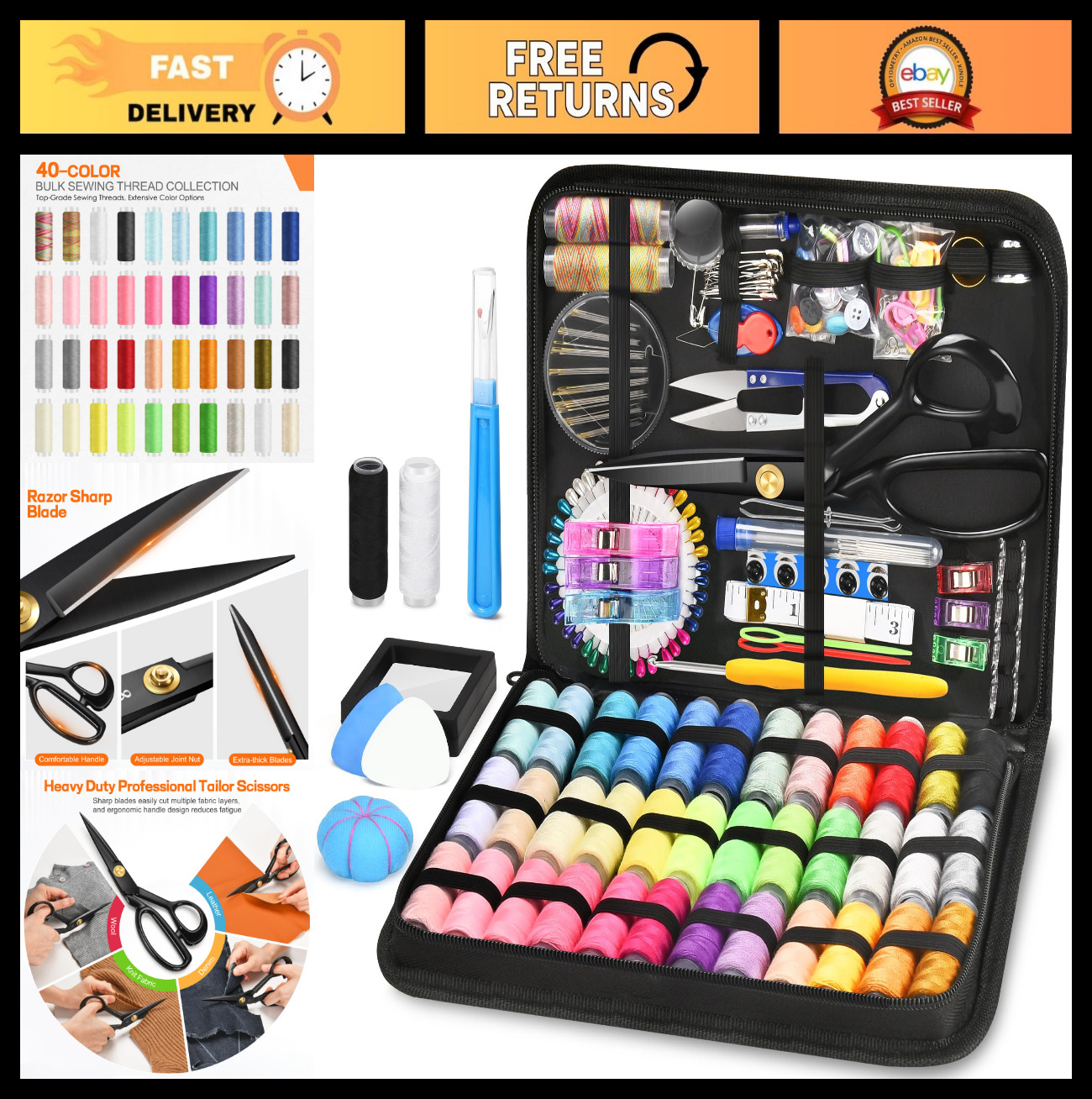 241-Piece Heavy Duty Sewing Kit with Fabric Scissors - Portable Travel Supplies