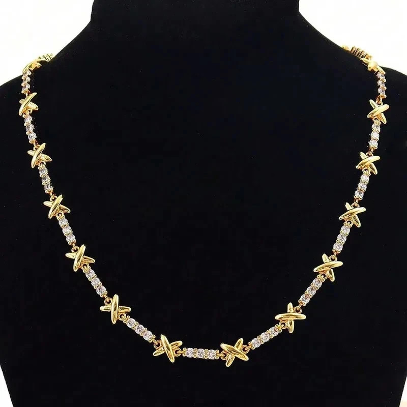 Simple X-Style Tennis with Diamond Necklace in 14k Yellow Gold Plated Gift