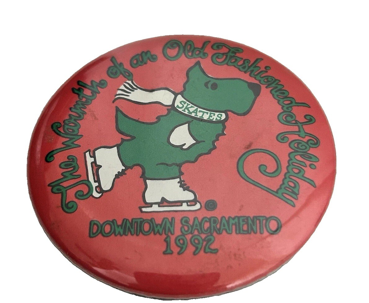 Vintage Downtown Sacramento Pinback 1992 Old Fashioned Holiday Red Green 