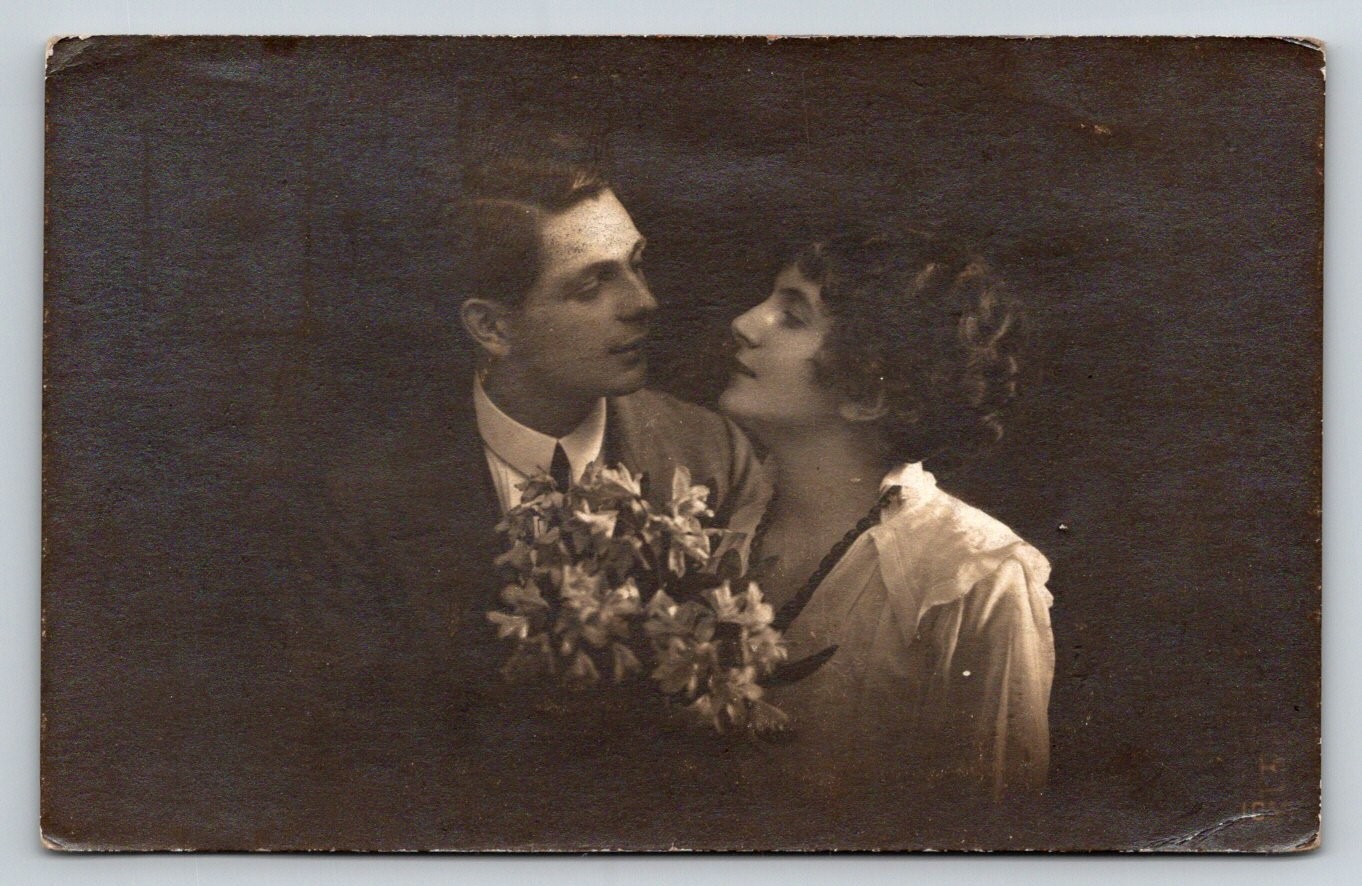 Vintage RPPC Real Photo Postcard Romantic Couple Portrait Flowers 1910s 1920s