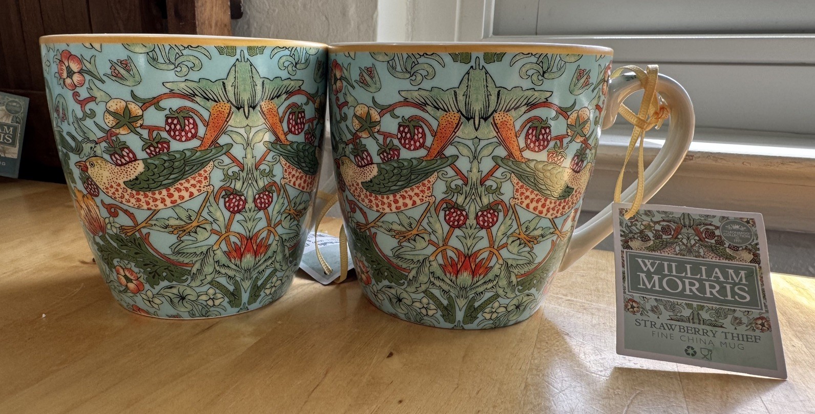 NEW S/2 William Morris Fine China Coffee/Tea Mugs - Strawberry Thief - Turquoise