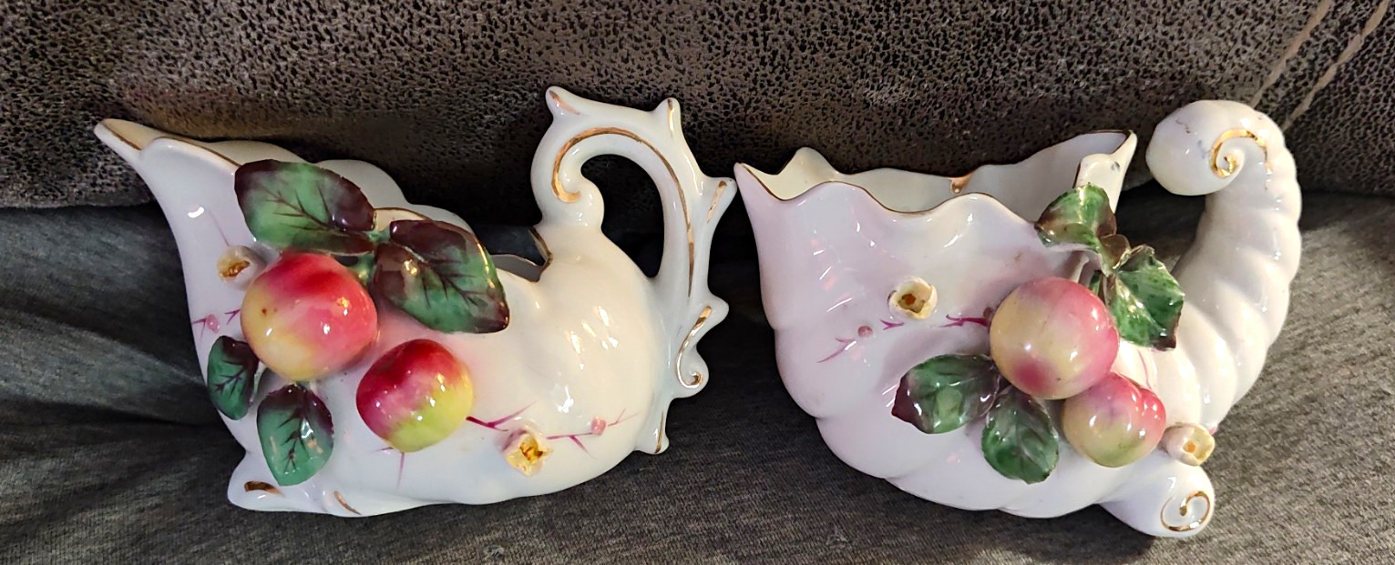 Vintage Japan Glazed Fruit Creamer & Sugar Bowl Set w Handles, 2pc
