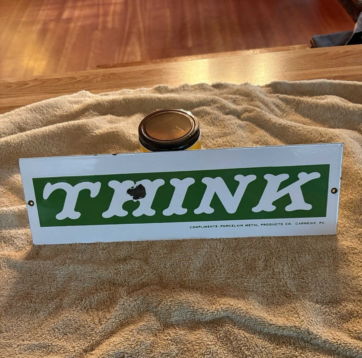 Vintage industrial safety sign . Porcelain with green/ white . ca 1940’s