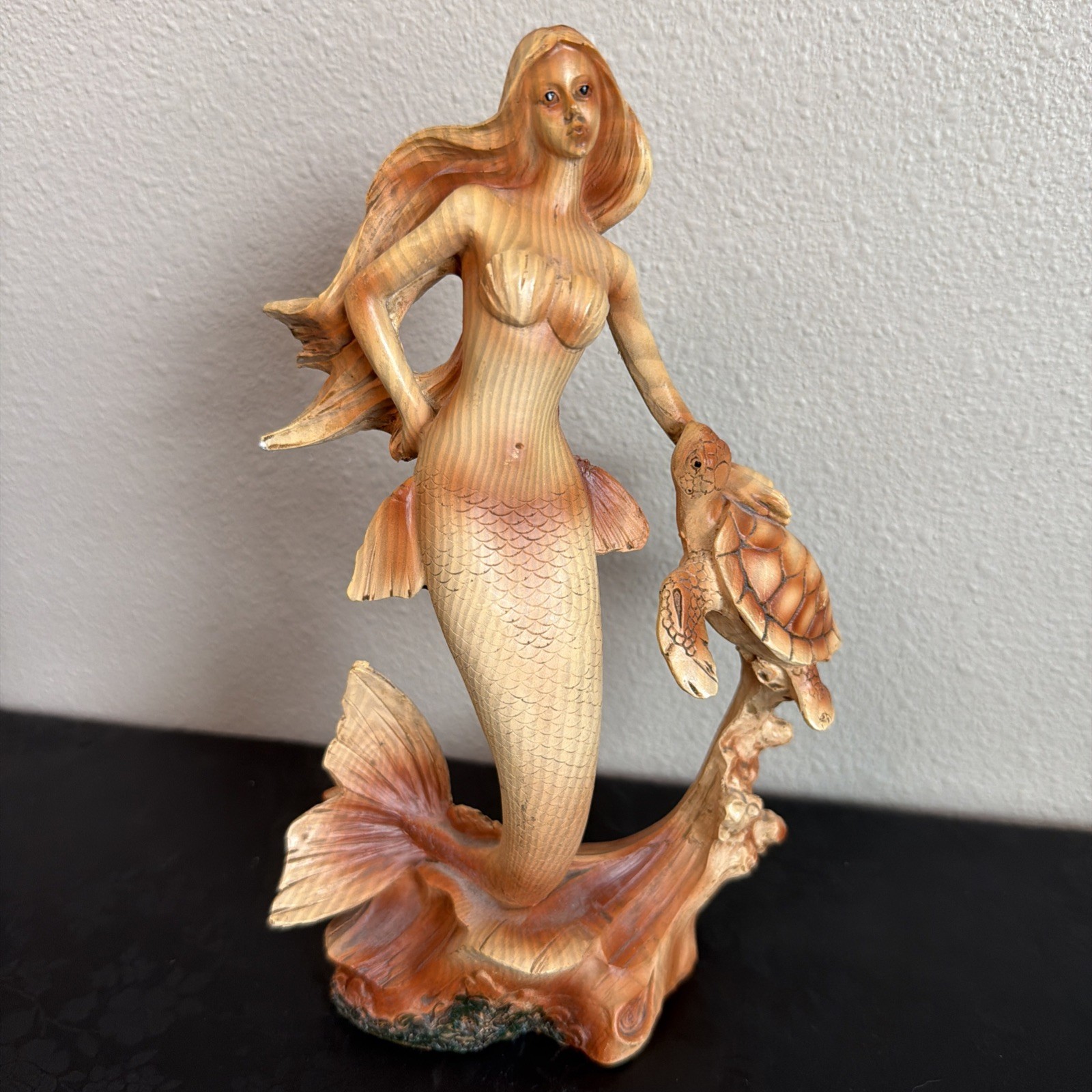 Mermaid Sea Turtle Figurine 9” Resin Faux Wood Look Coastal Nautical Decor