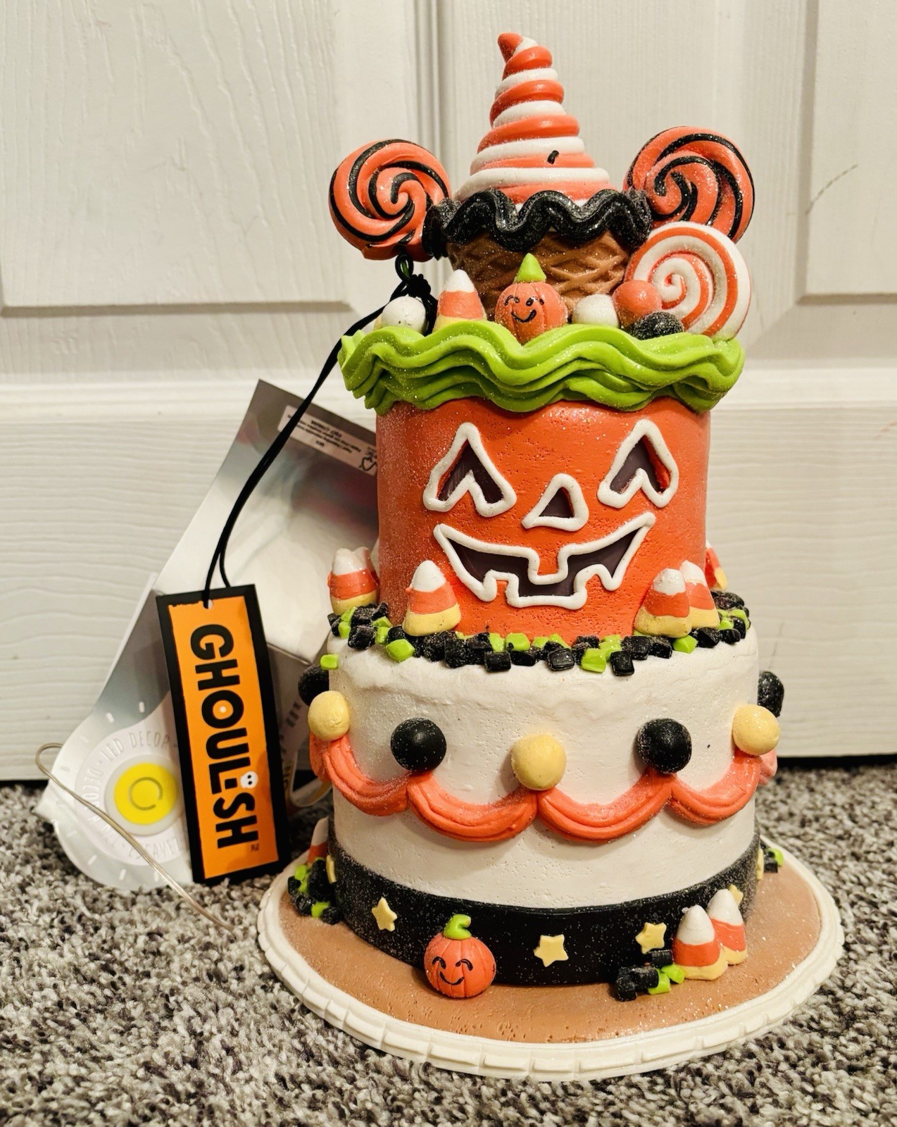 Ghoulish Halloween Pumpkin Faux Tiered Gingerbread Cake LED Light Up Decor