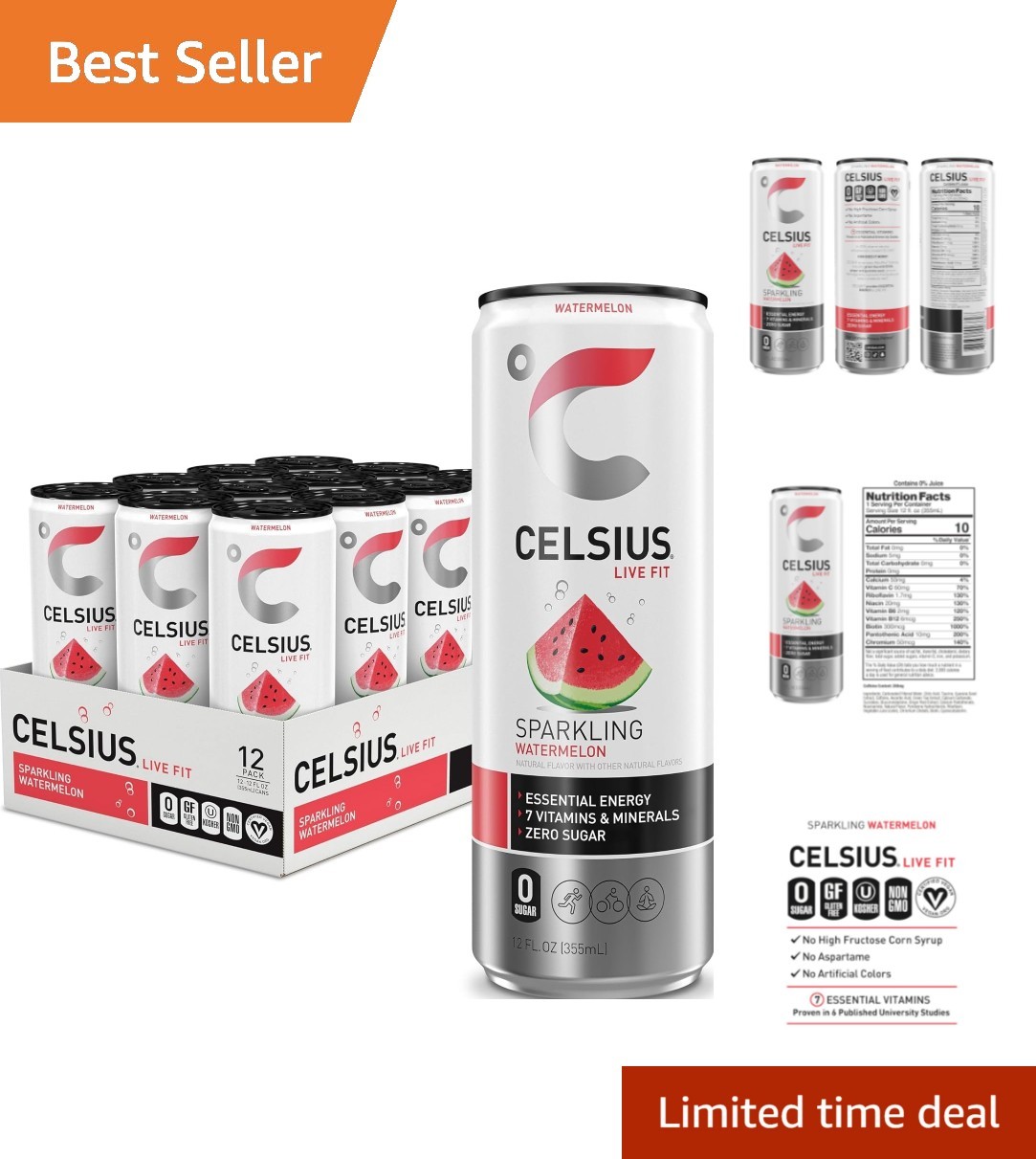 Refreshing Sparkling Watermelon Energy Drink - , Gluten-Free - 12 Can Pack