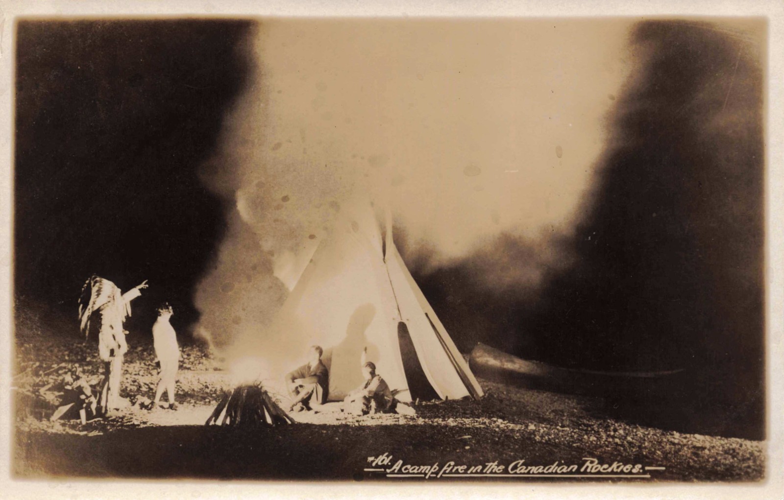 RPPC Indian Chief Campfire at Night Canadian Rockies Teepee Real Photo Postcard