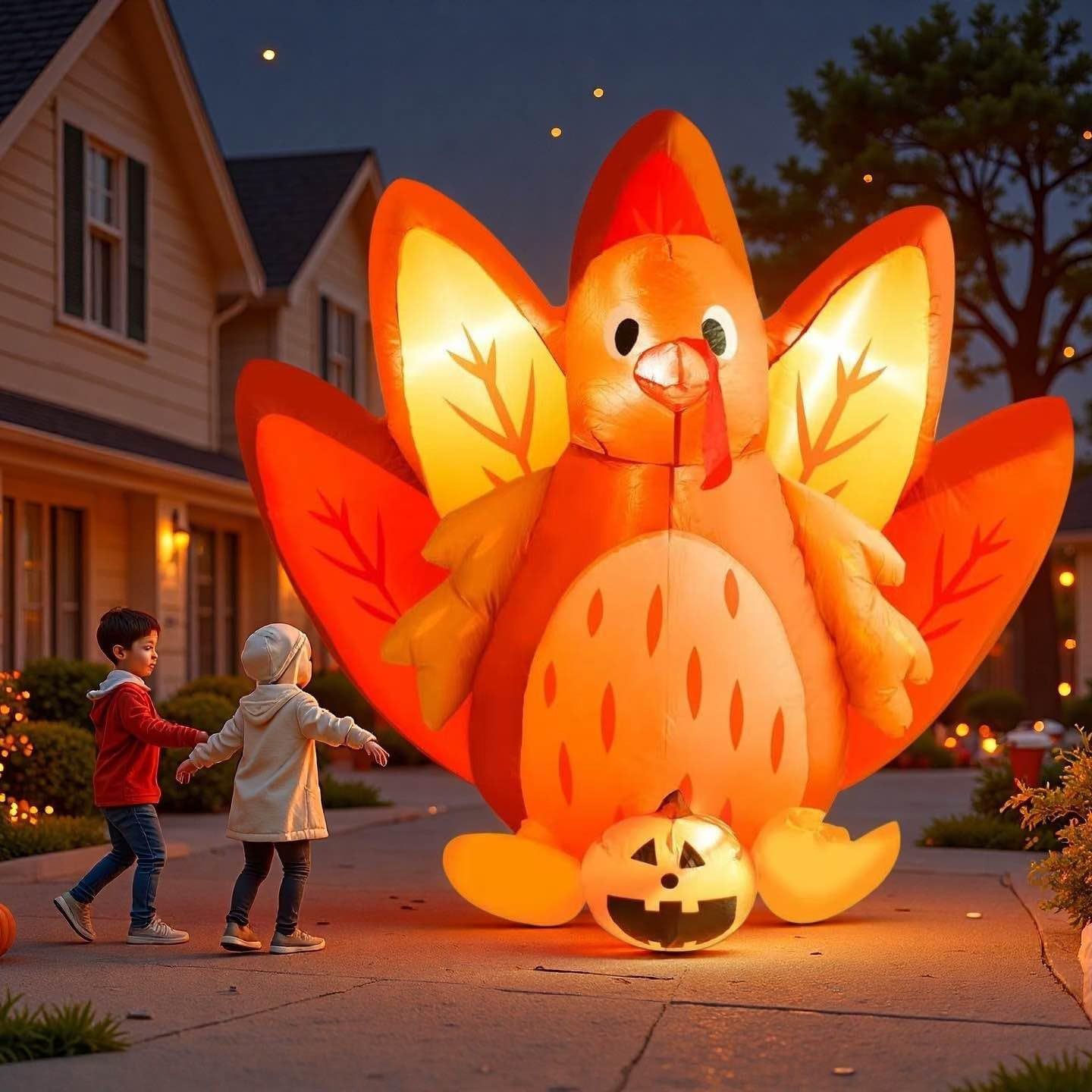 5FT Halloween & Thanksgiving Inflatable Turkey&Pumpin,With Built-In LED Lights,