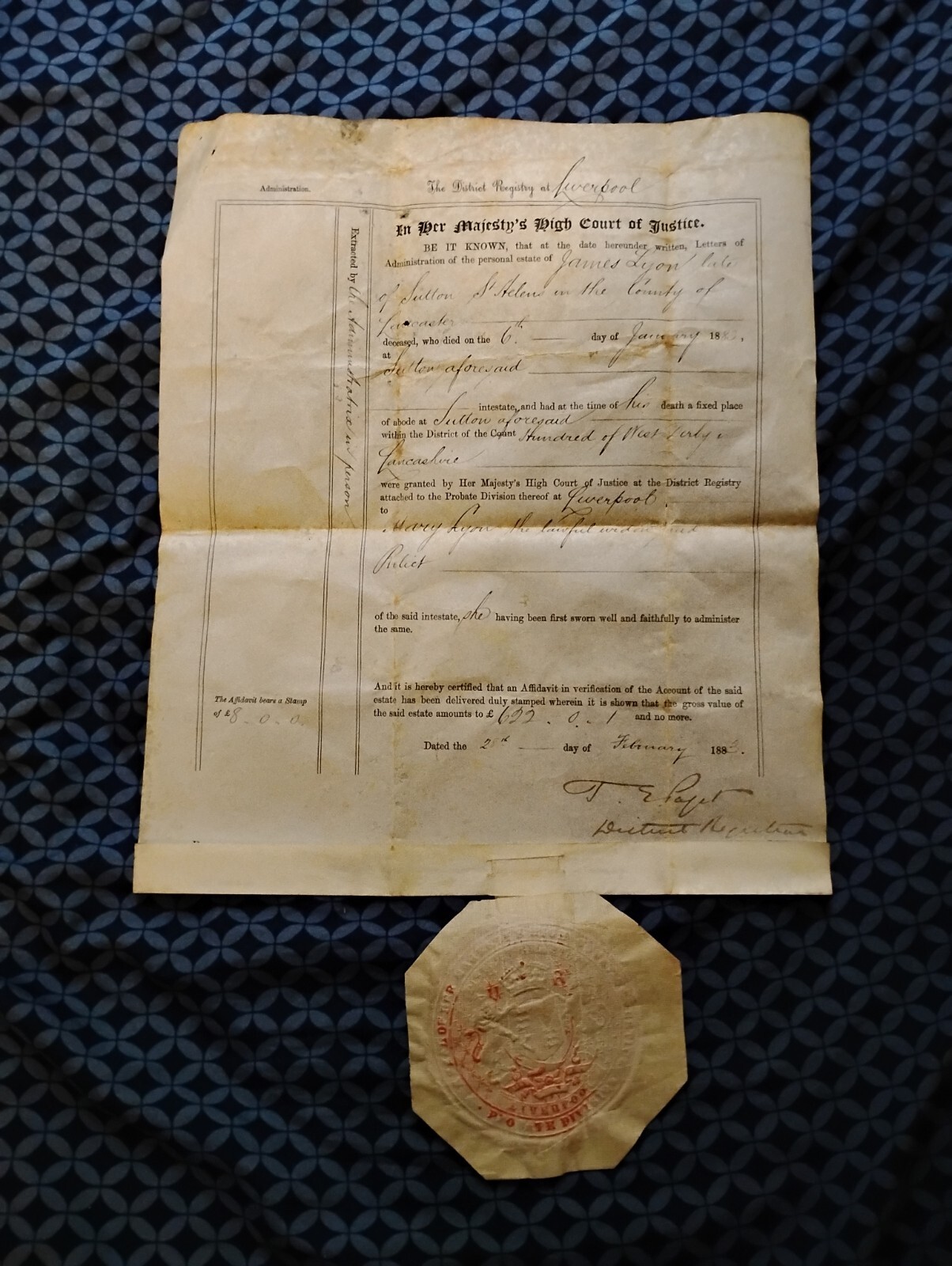 1883 Will Deed From Liverpool's High Court Of Justice Including Code Of Arms Wax