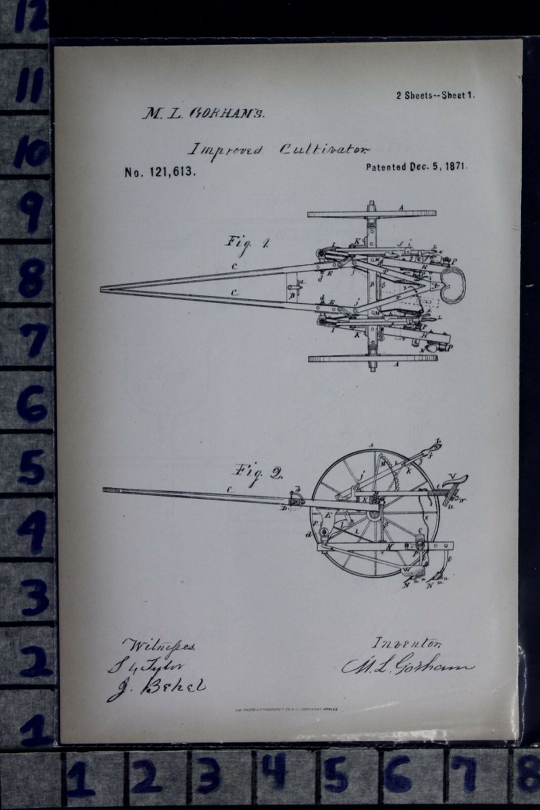 1871 GORHAM ROCKFORD ILLINOIS CULTIVATOR FARM IMPLEMENT PATENT LITHO 121613