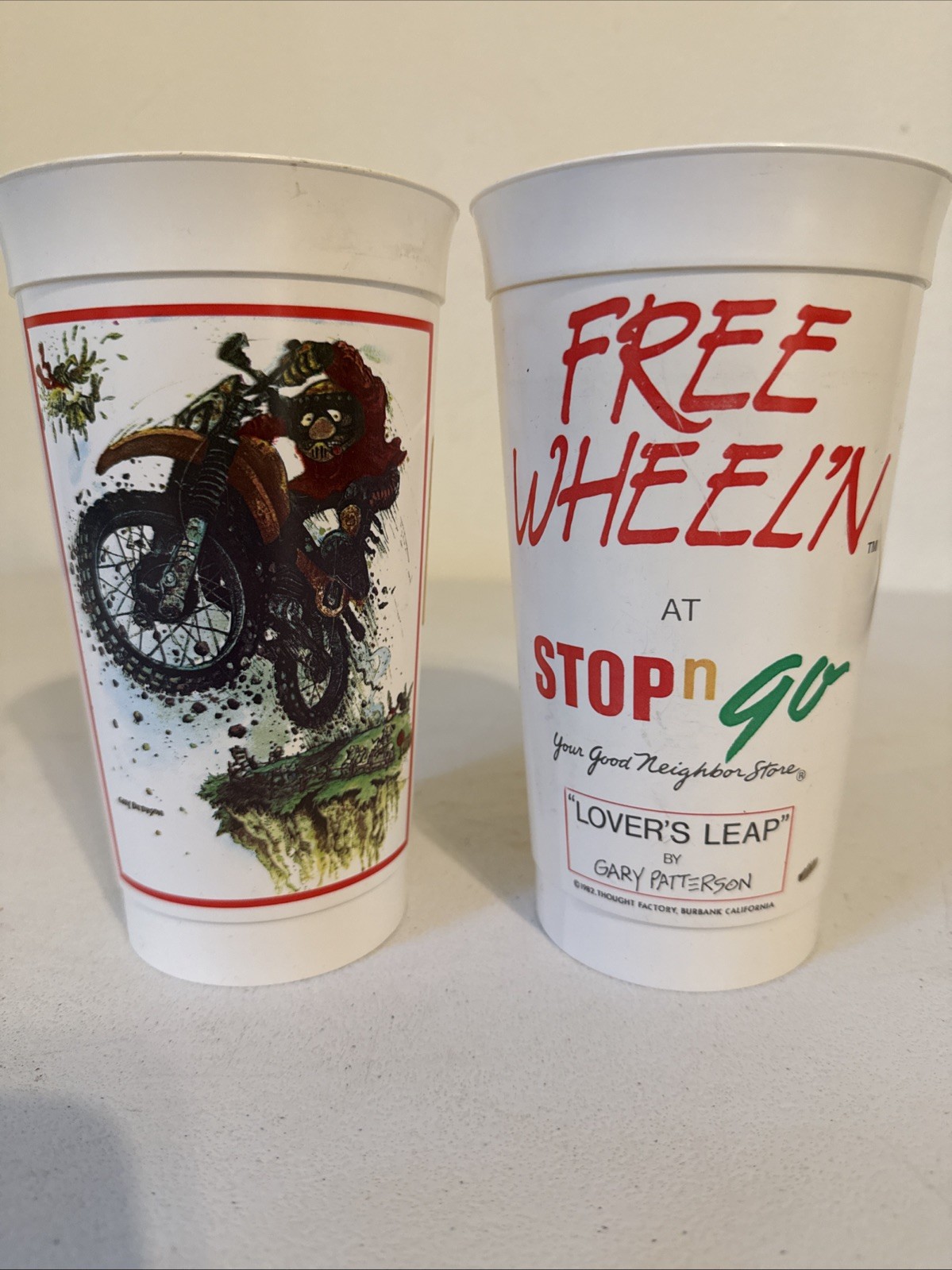 Vintage 1982 Stop N Go “Free Wheelin’” Collectible Plastic Cups – Lot of 2