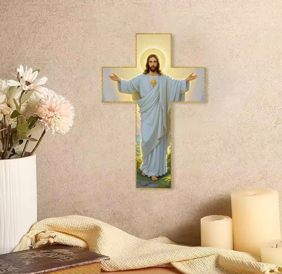 ⁠30cm Vintage Wooden Wall Cross Nativity Scene Religious Christmas 2D Decor