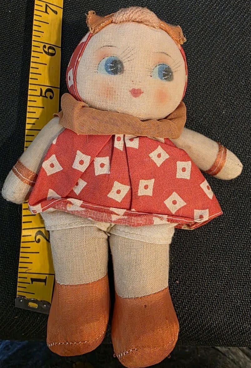 RARE Vintage 1940s Japanese Bunka Ningyo Cloth Rag Doll Big Blue Eyes Japan