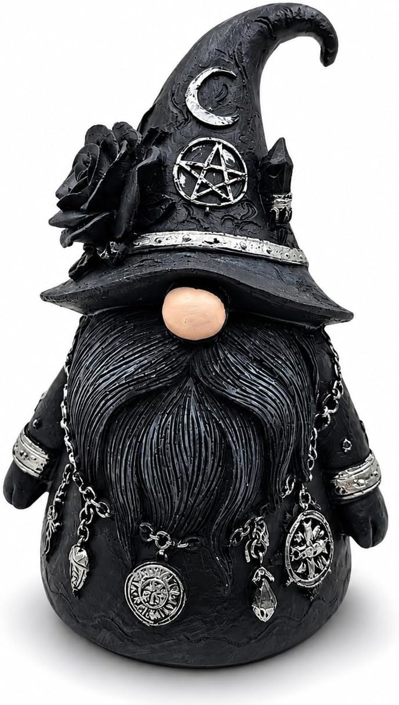 Gothic Witch Gnome Figurine Decor, Resin Witch Statue with Black Rose, Moon & Cr
