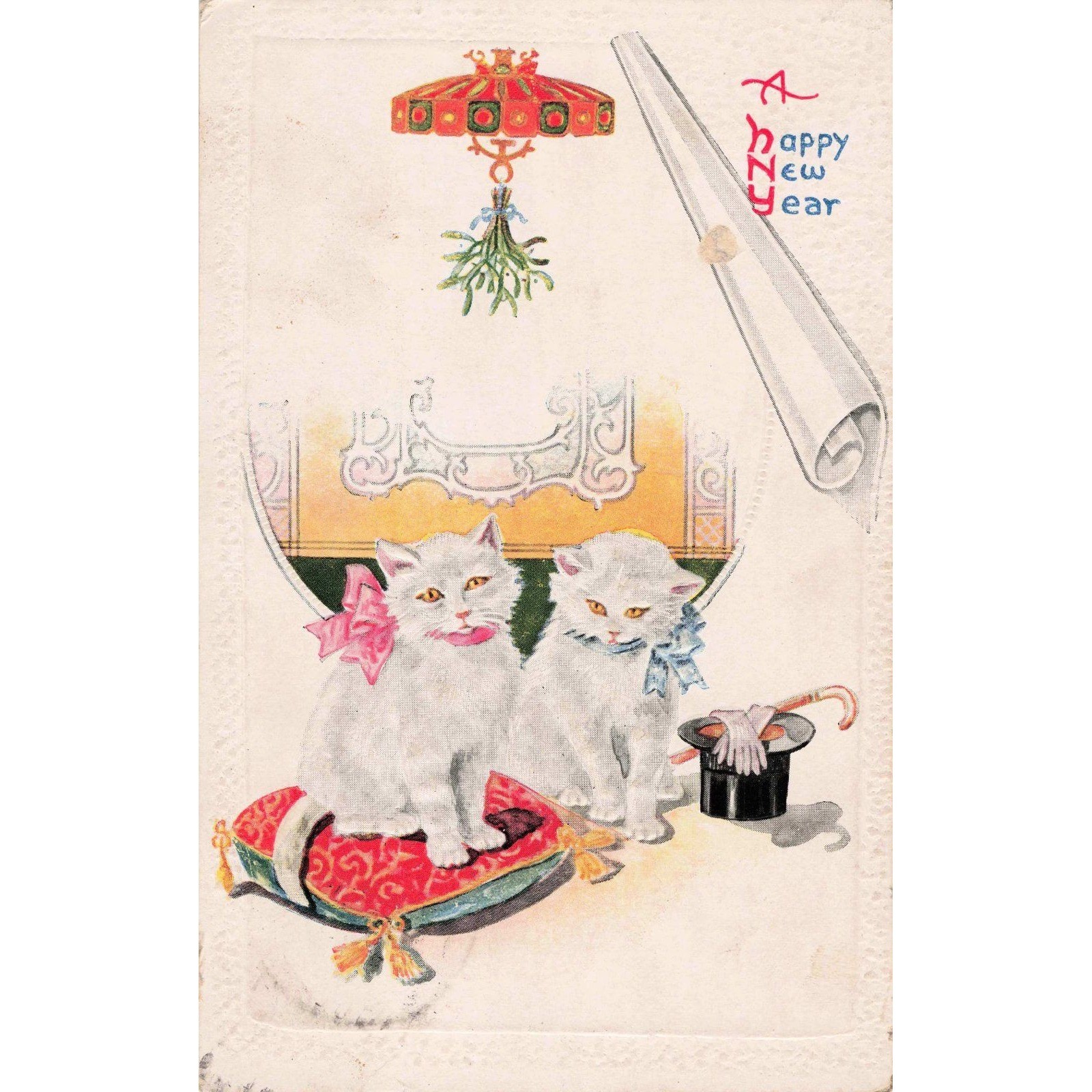 New Year Postcard RPPC Style White Kittens Top Hat Embossed 1c Antique