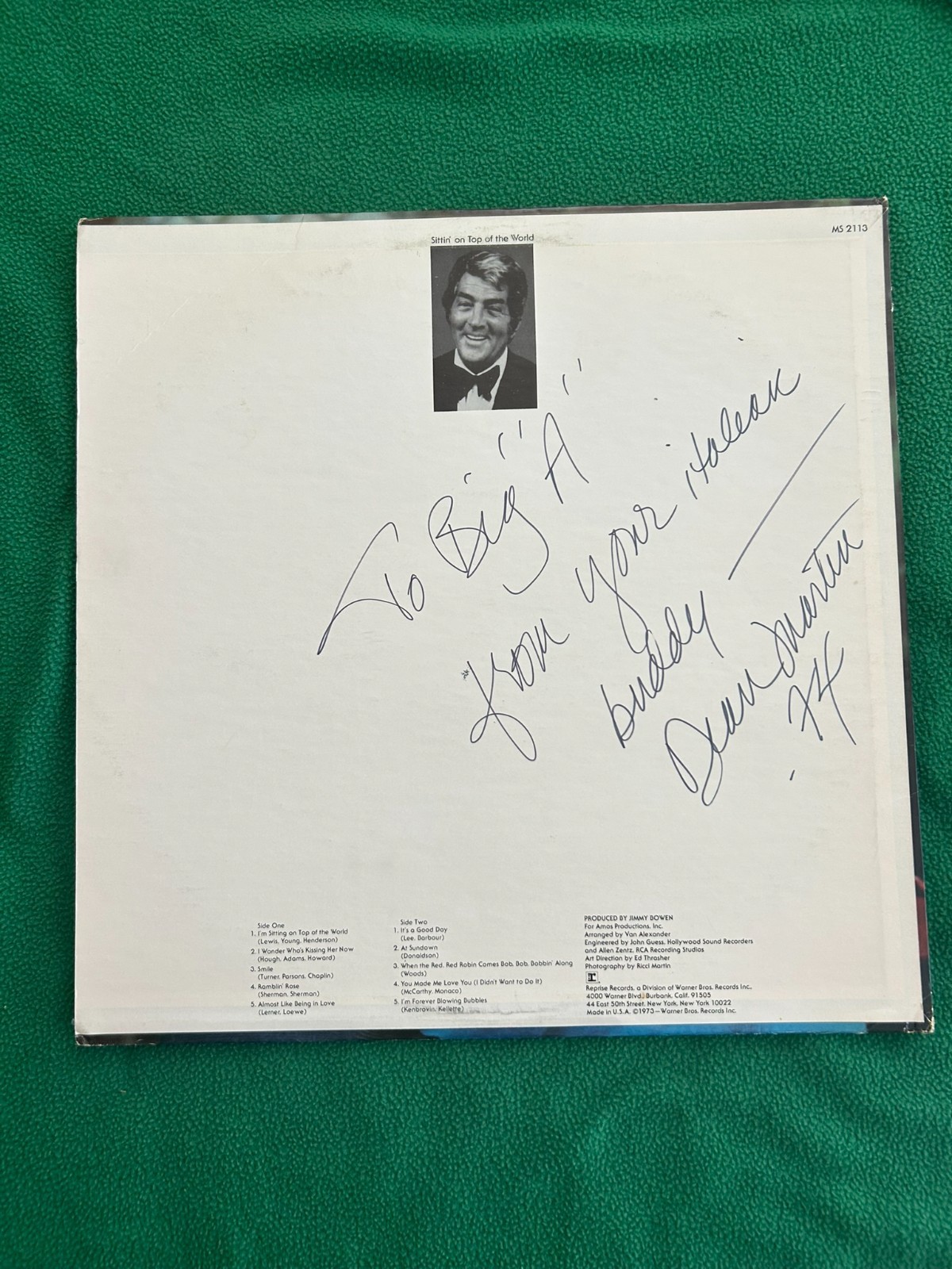 DEAN MARTIN Signed & Inscribed Record Album LP Sittin' on Top of the World 1974