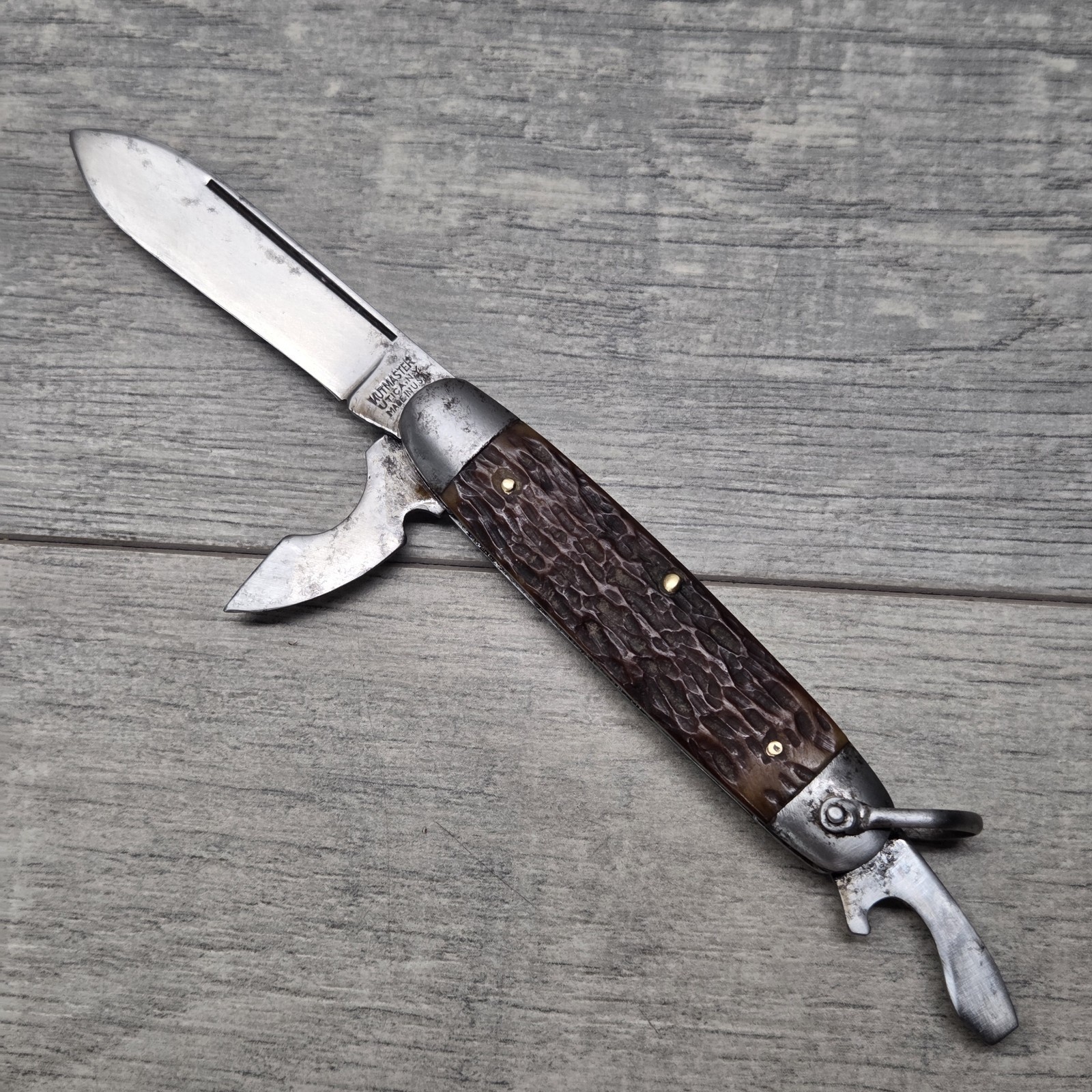 Vintage Kutmaster Utica NY USA Scout Camp Utility Pocket Knife Jigged Handle