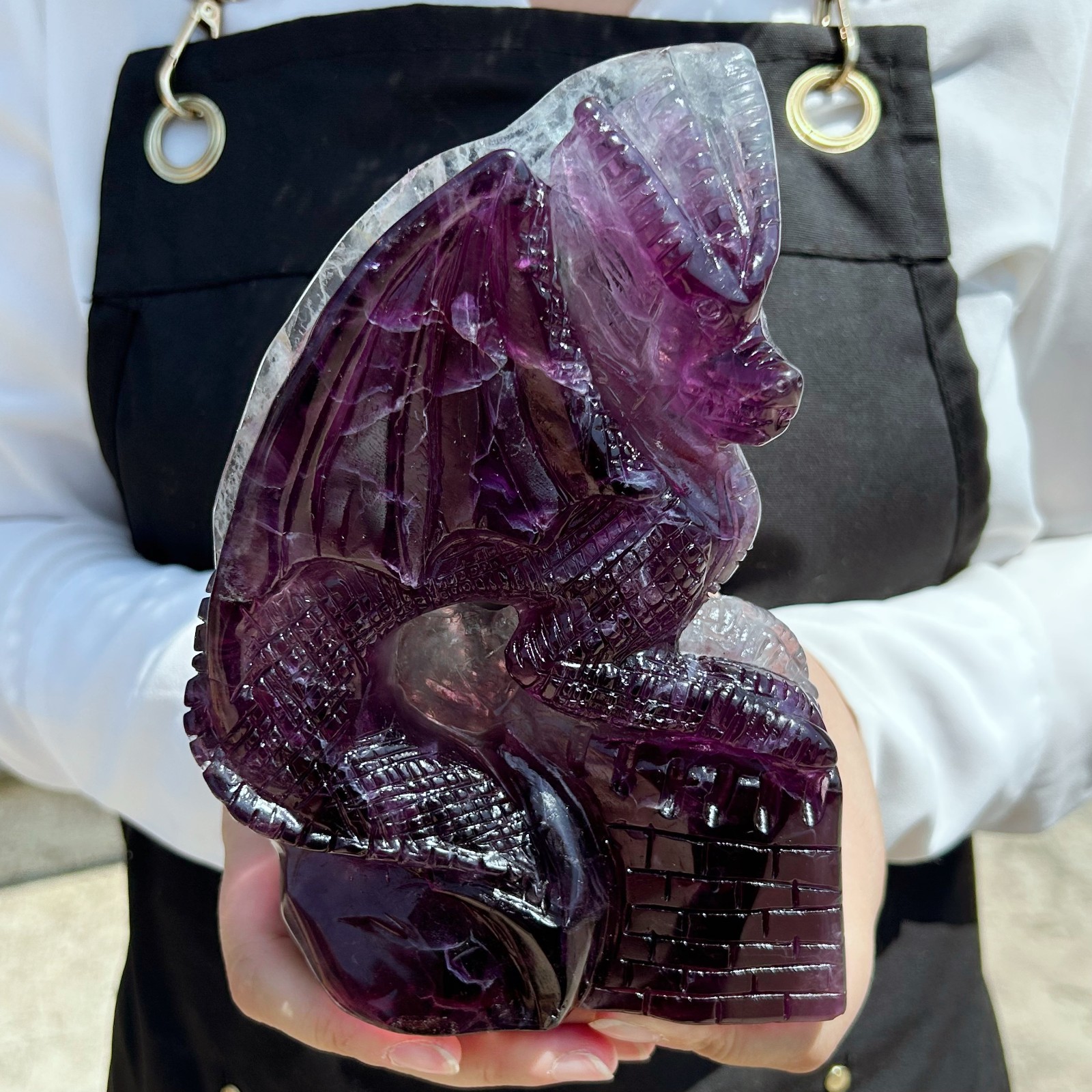 3.49LB Natural fluorite quartz crystal hand carved pterosaur skull healing G7780