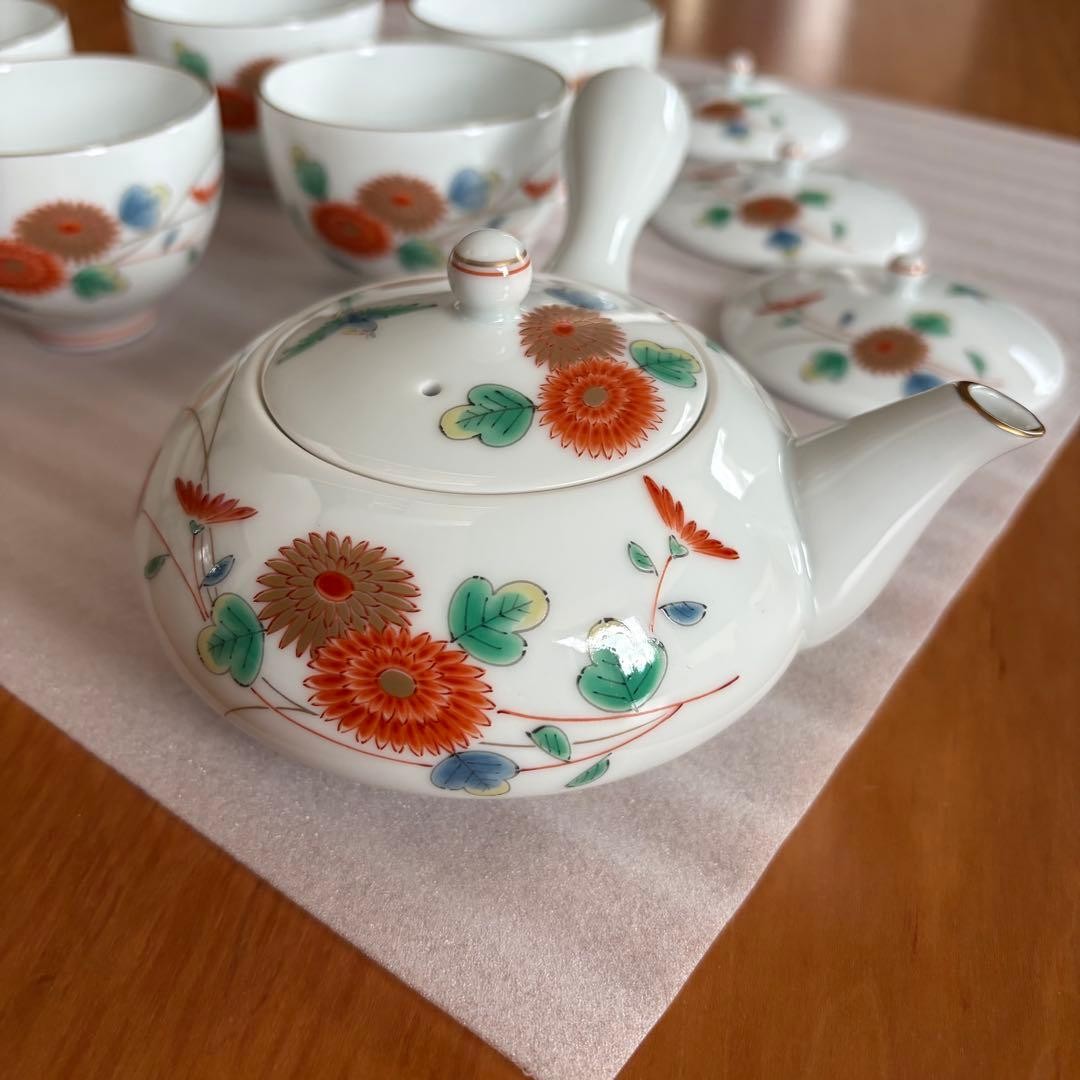 Fukagawa Seiji Kikukotori Teaset, Tea Pot & Cups, 5-Piece, New, Japanese Pottery