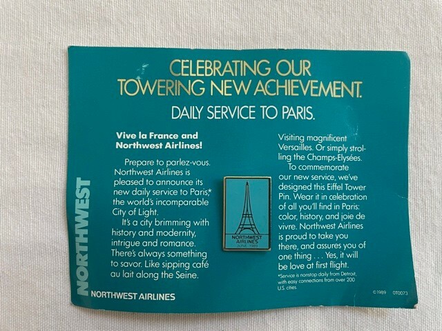 Northwest Airlines 1989 Service to Paris Lapel Pin / Eiffel Tower / Never Worn