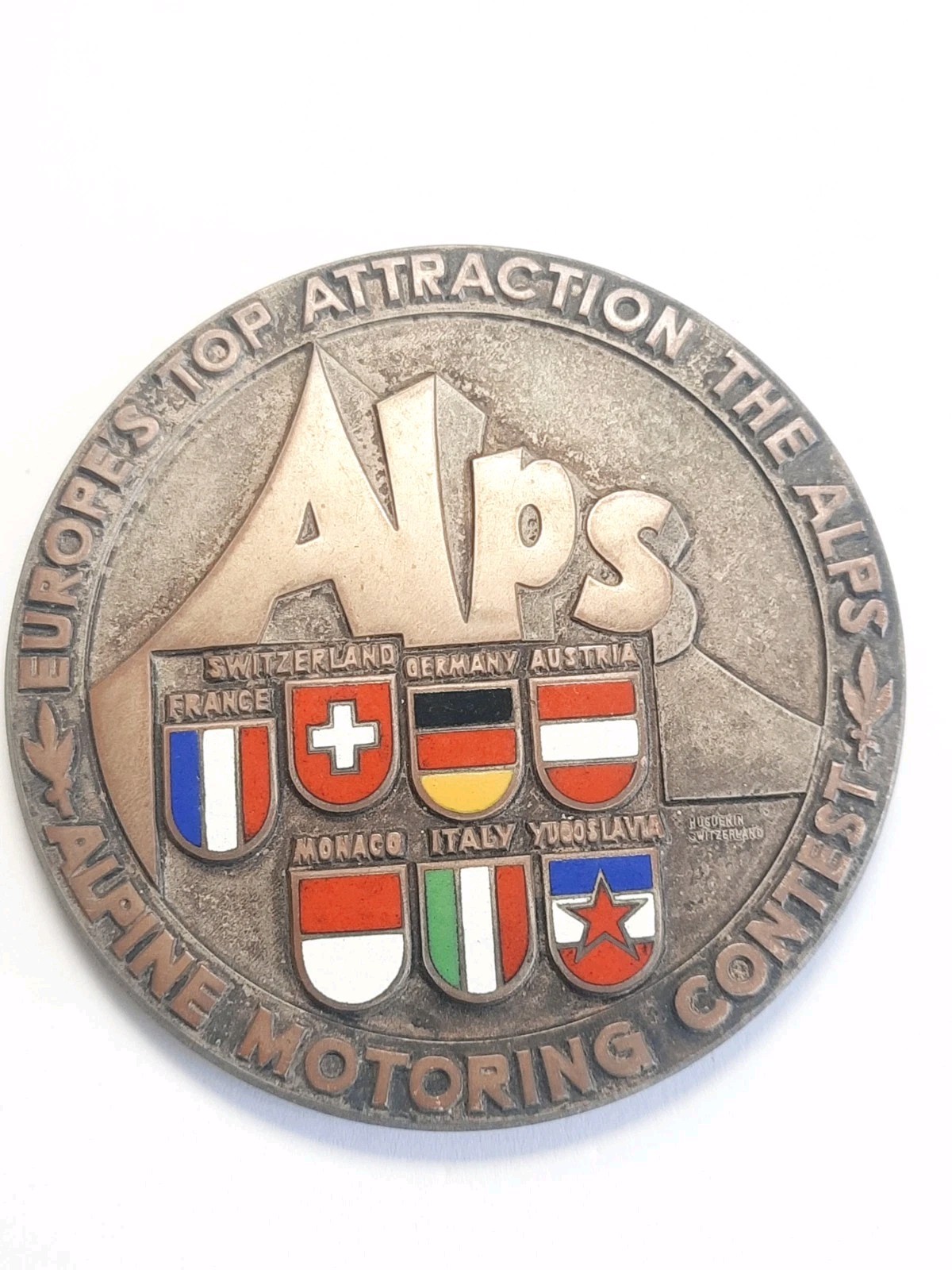 Vtg 60s Huguenin Switzerland Locle Alpine Motoring Metal Alps Bronze Heavy