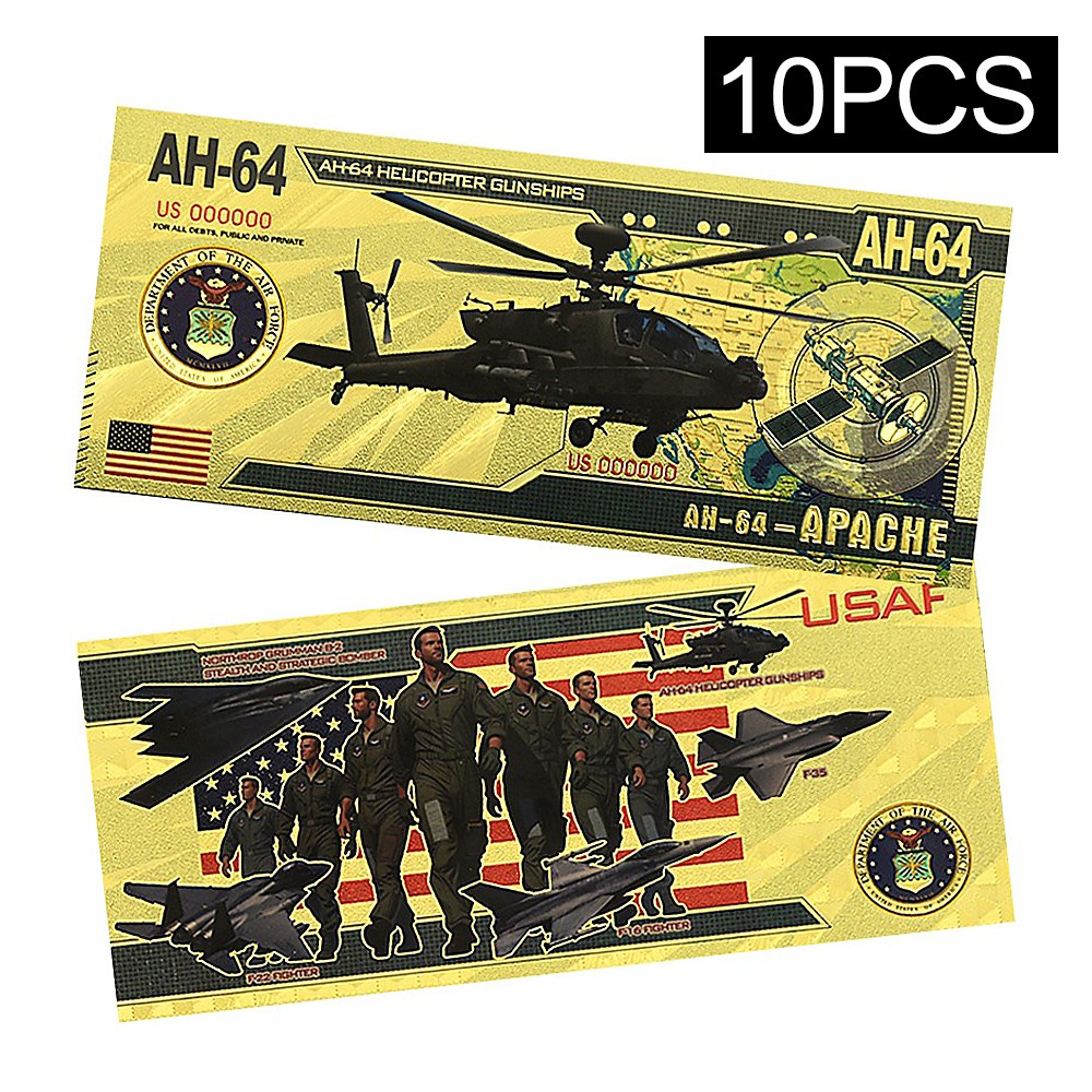 10PCS AH-64 Apache Gold Foil Banknotes USAF Helicopter Collectible Plastic Money