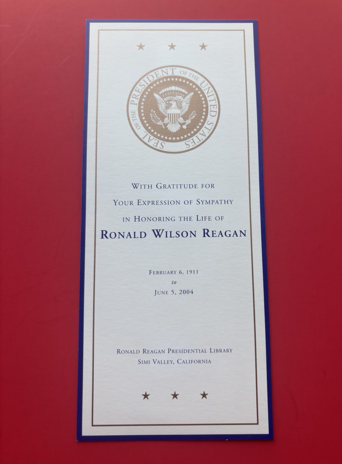Ronald Reagan 2004 Presidential Library Original Memorial Card Funeral Mourning