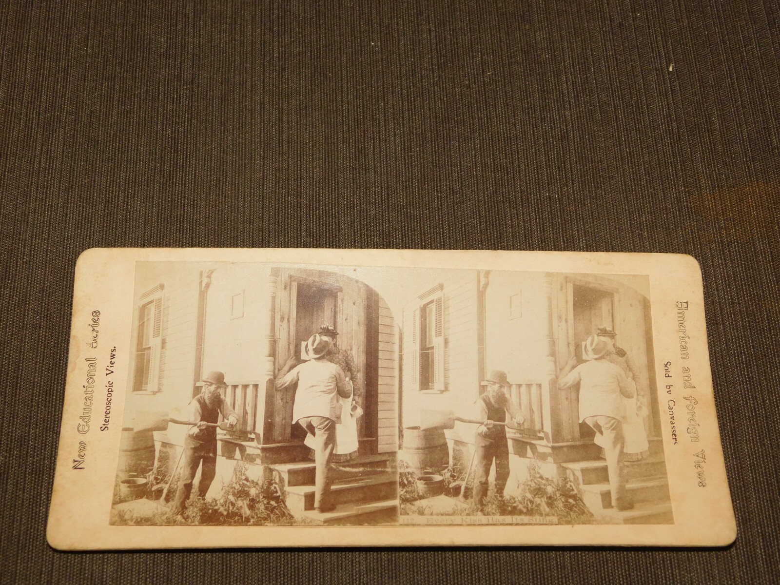 VINTAGE STEREOVIEW STEREOSCOPE CARD FUNNY EVERY KISS HAS ITS STING