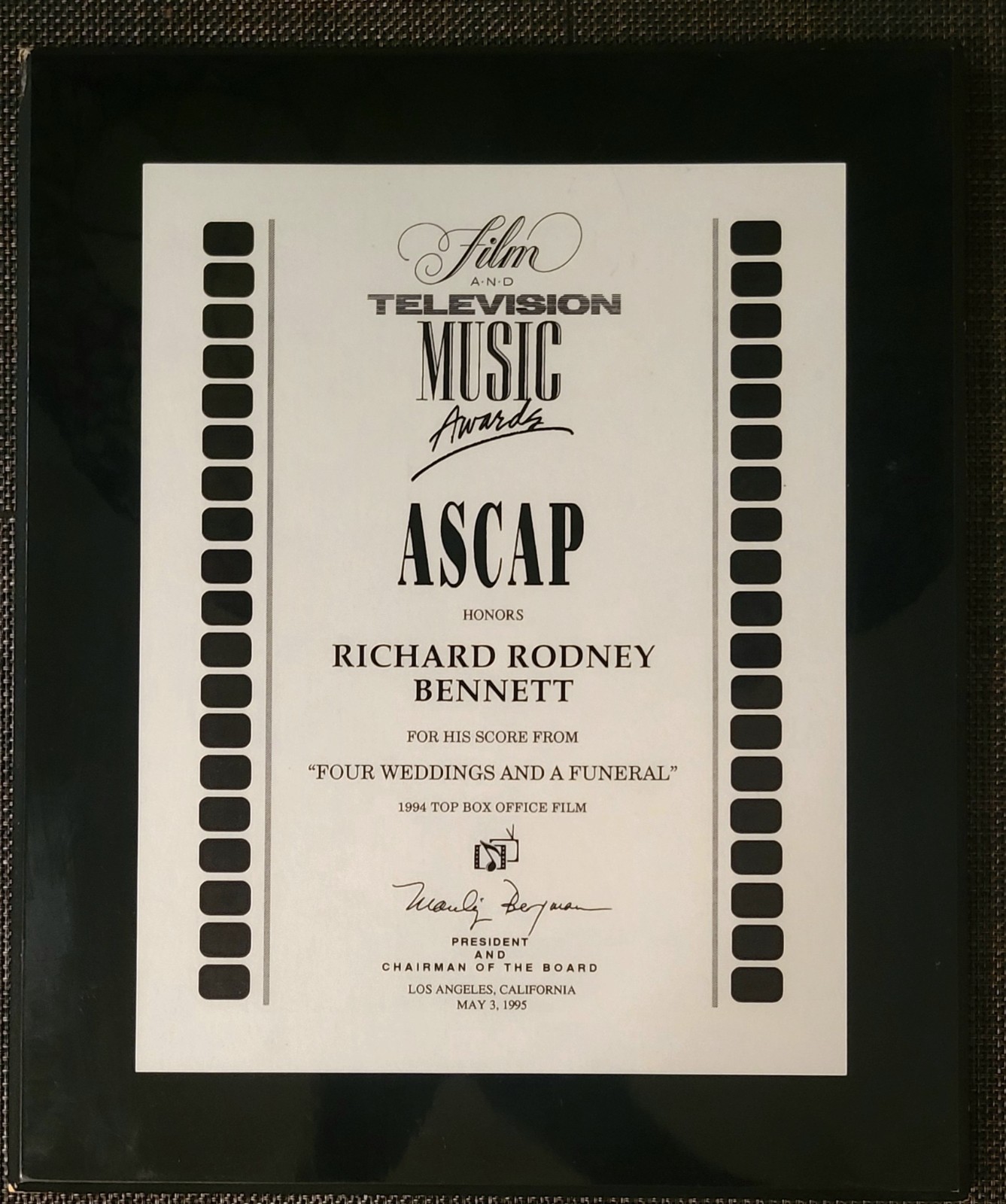 Four Weddings & A Funeral 1994 ASCAP Award Plaque Film Score Honors R.R. Bennett