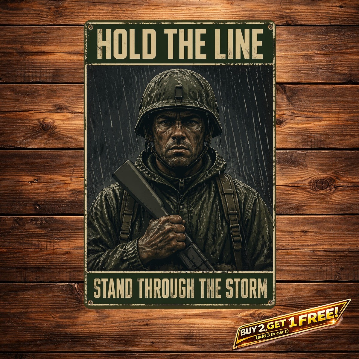 Rain Soaked Soldier Silhouette Military Motivational Tin Sign