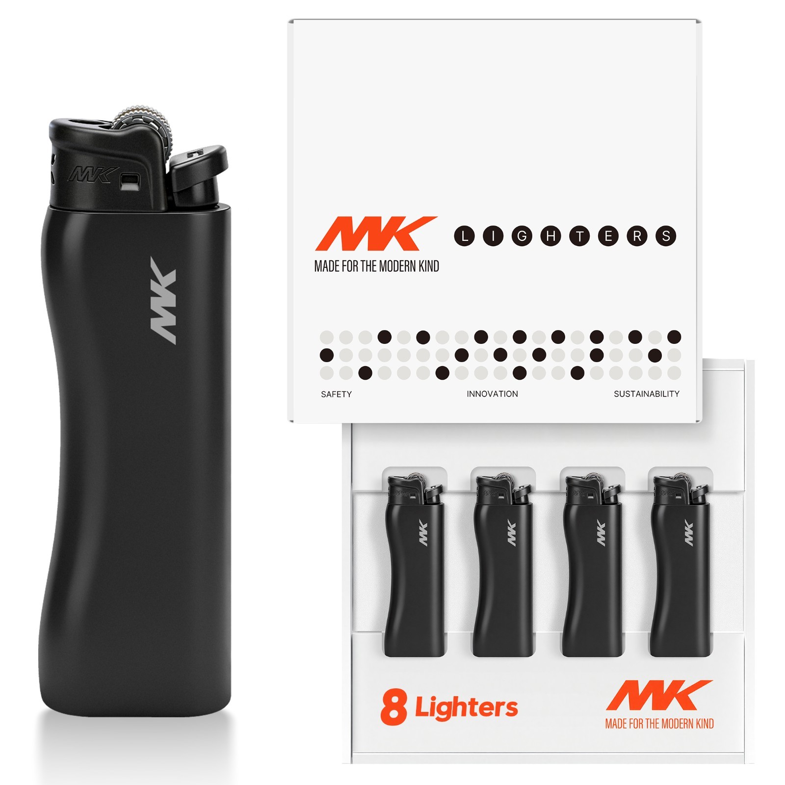 MK Refillable Flint‑Strike Pocket Lighters All‑Black BBQ Candle (HUE‑BLK‑8PC)