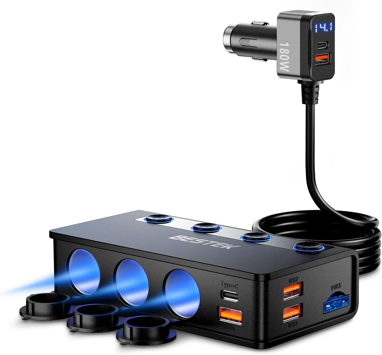 BESTEK 180W Cigarette Lighter Splitter, 3-Socket Car Cigarette Lighter with PD36